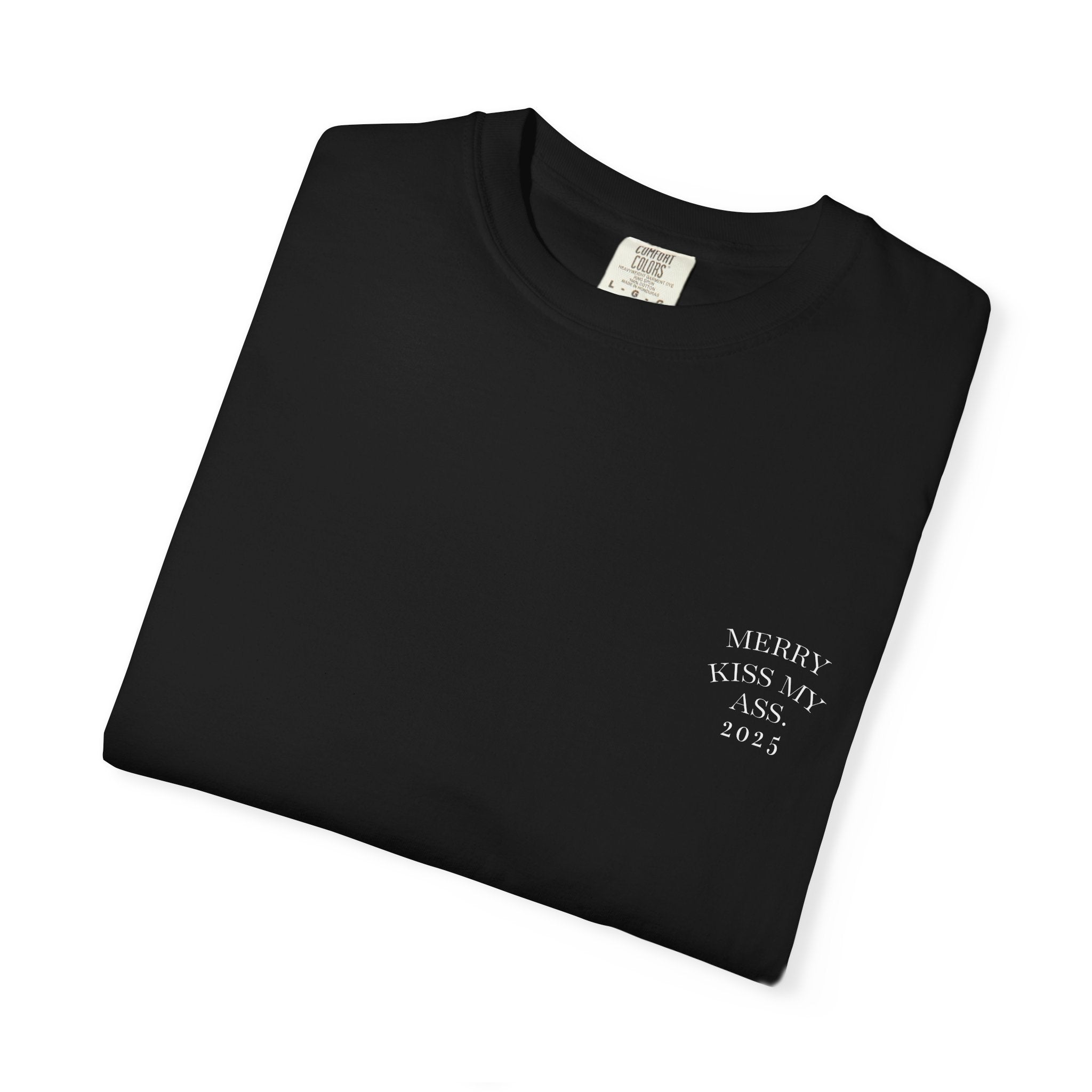 Unisex graphic T-shirt, black, front print 'Merry Kiss My Ass' 2025