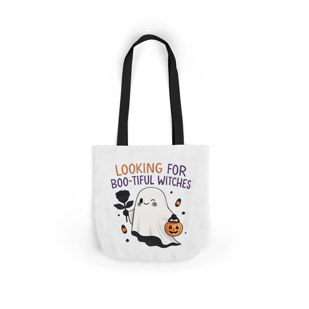 White canvas tote bag with black handles and 'Looking for Boo-tiful Witches' front print