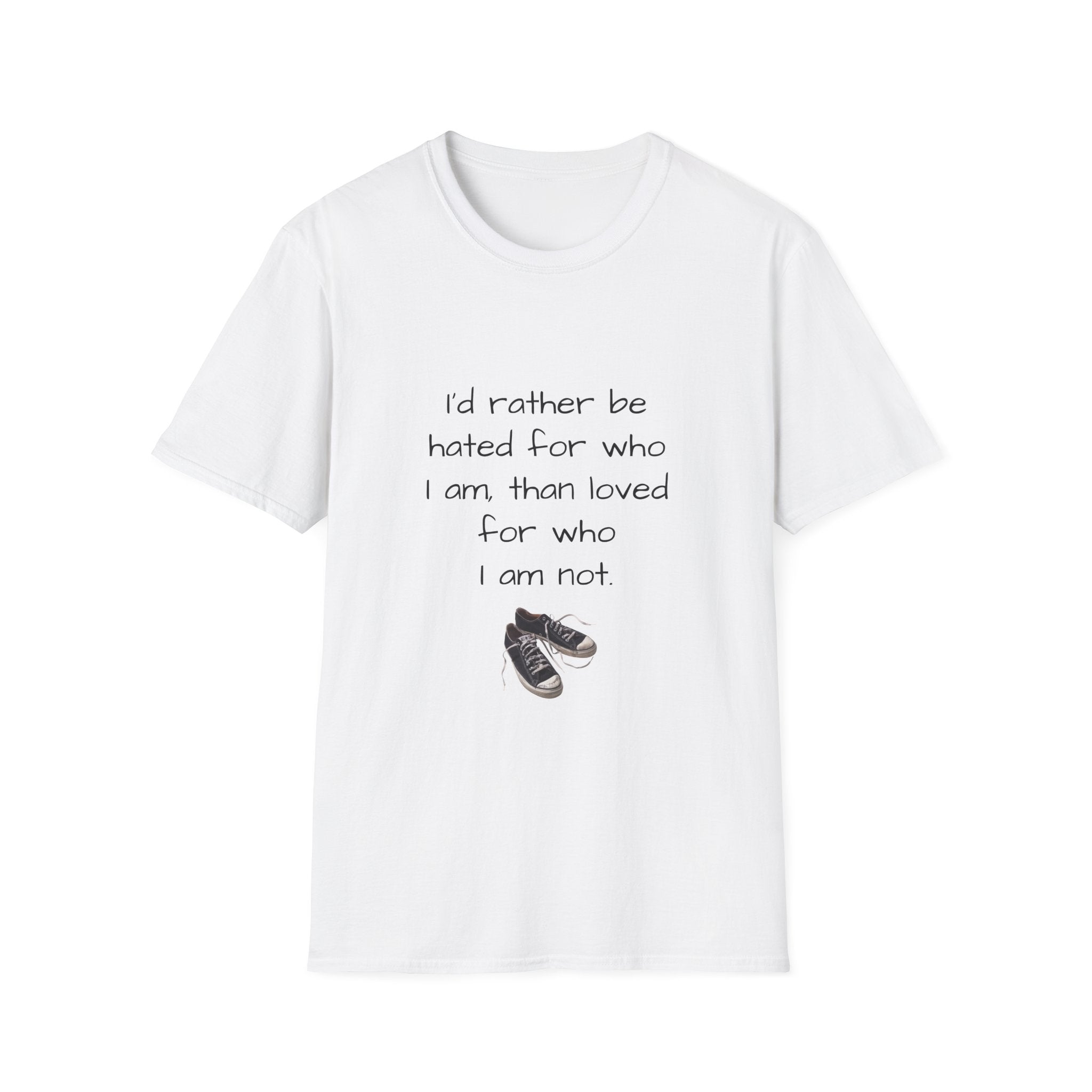 White unisex T-shirt with dark quote text and sneaker graphic on front