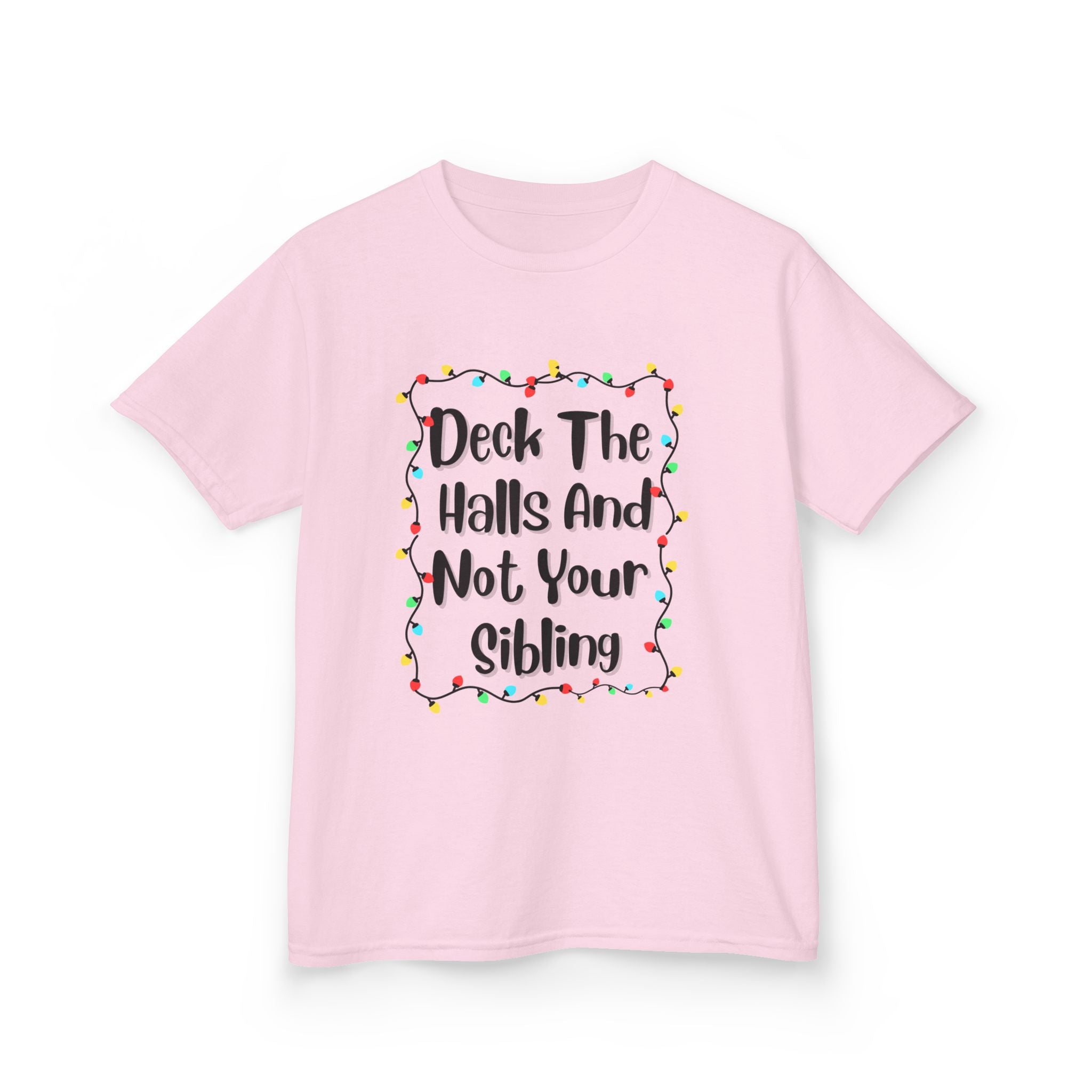 Kids Christmas tee in light pink with holiday quote wreath graphic on front