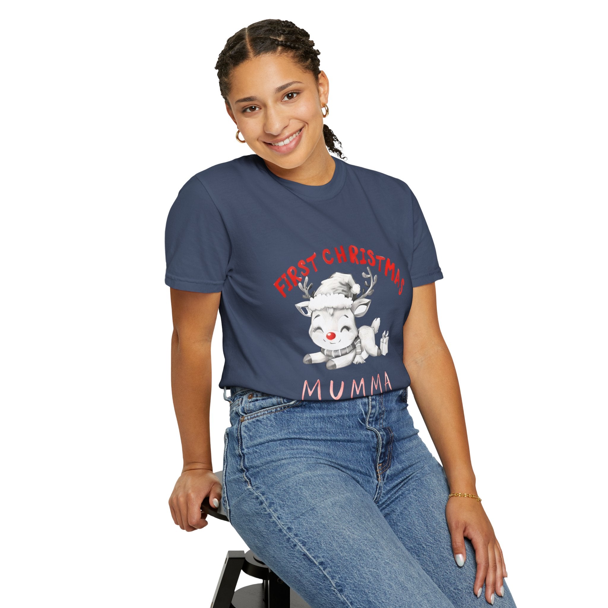 Dark navy short-sleeve T-shirt featuring a white reindeer and red 'First Christmas Mumma' wording