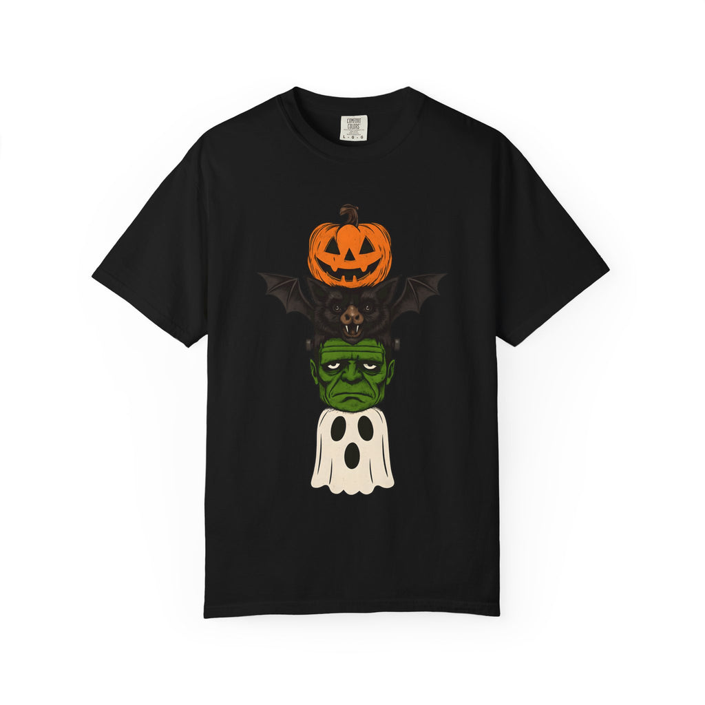 Black unisex Halloween graphic T-shirt with jack-o'-lantern and bat trio print