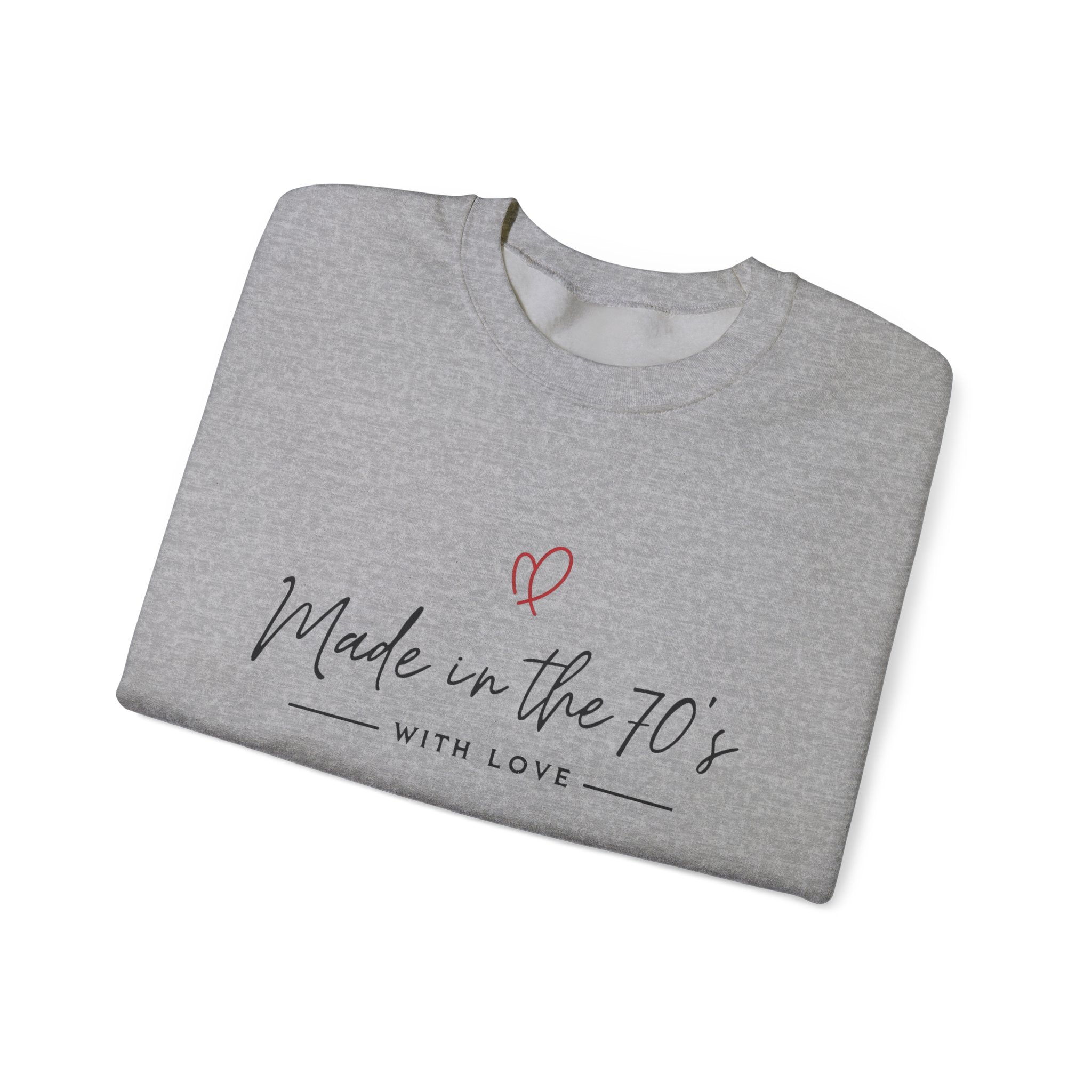 Unisex crewneck sweatshirt, heather gray with “Made in the 70’s” heart graphic