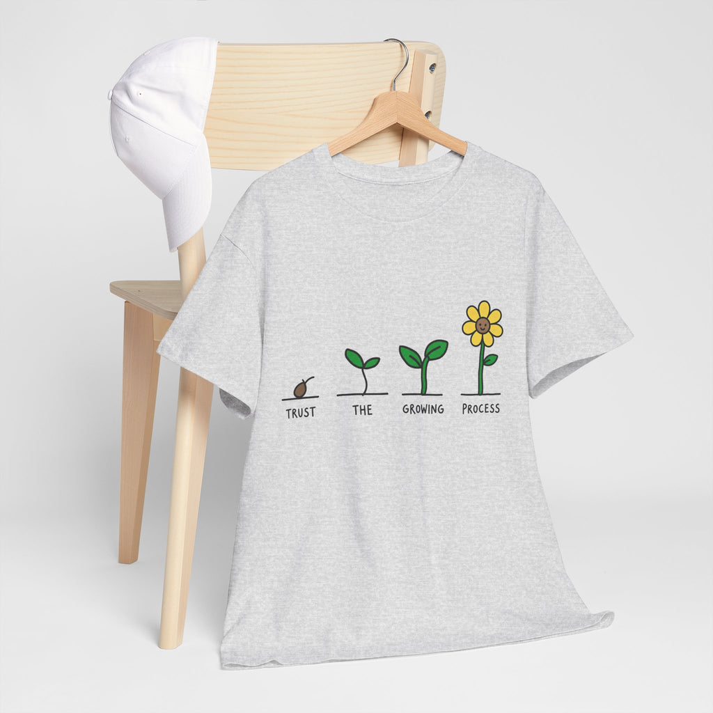 Ash gray crewneck t-shirt with seedling-to-flower “Trust the Growing Process” graphic