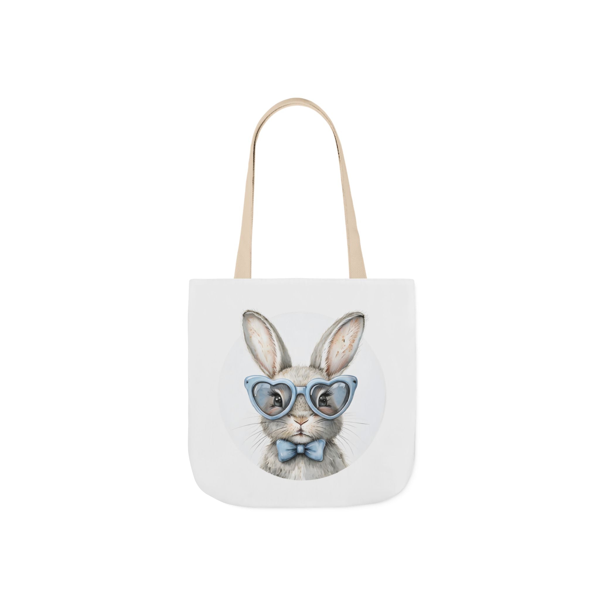 Bunny canvas tote bag with rabbit face graphic and beige shoulder straps