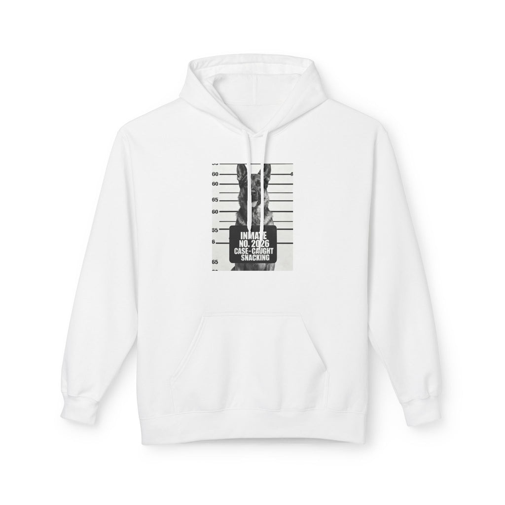 White hoodie with front pouch and German shepherd mugshot graphic, hood up.