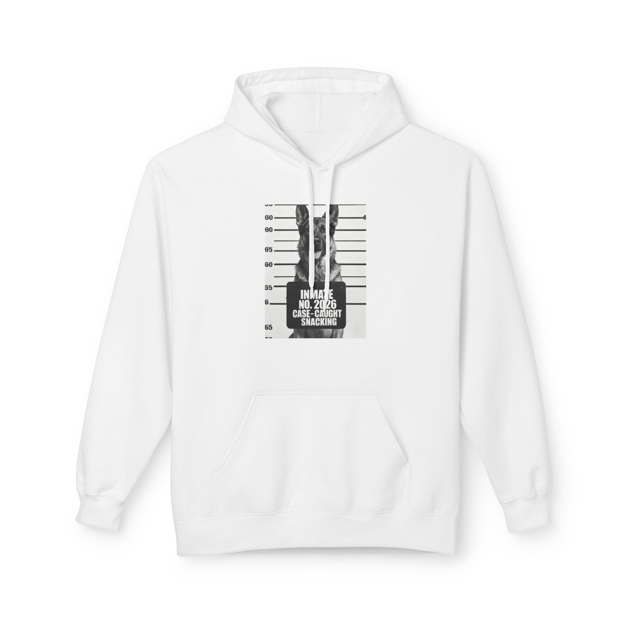 White hoodie with front pouch and German shepherd mugshot graphic, hood up.