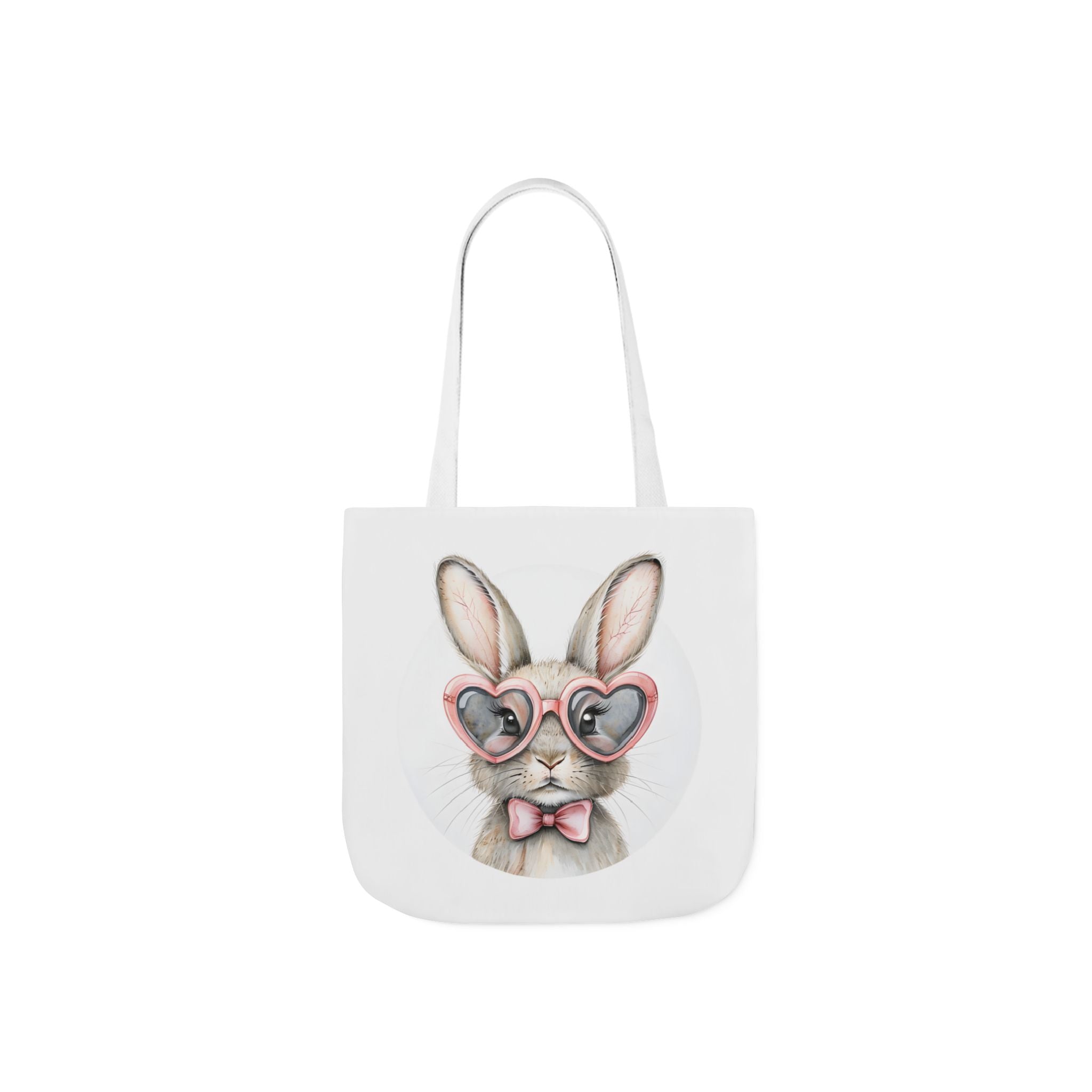White-strap canvas tote bag with centered bunny face graphic on white front panel