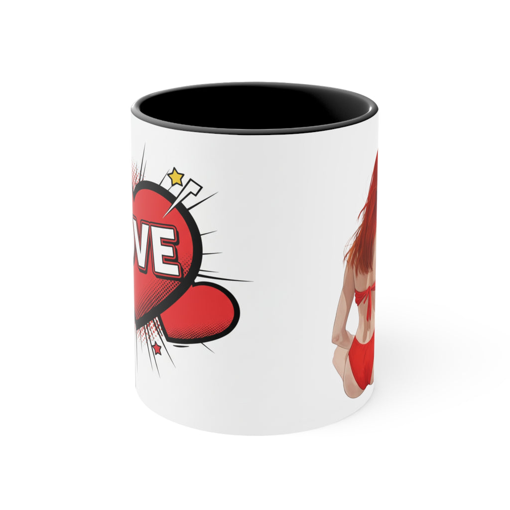 White mug with black interior, featuring partial red-and-blue couple logo print