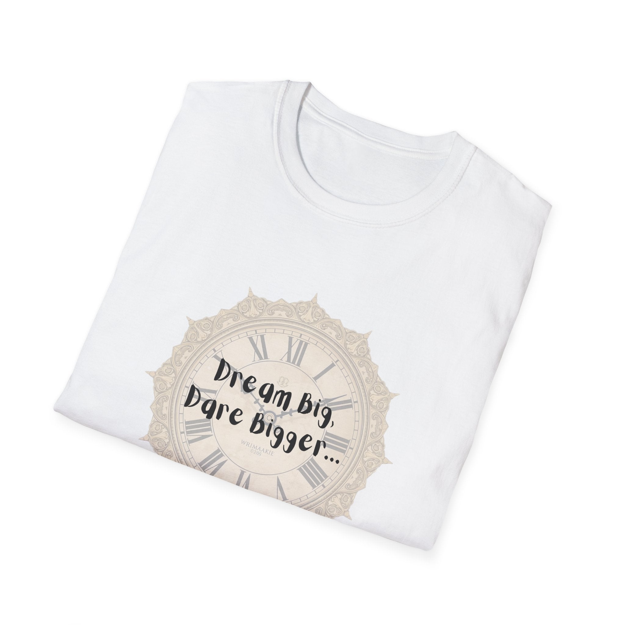 White crew-neck T-shirt with beige circular “Dream big, ...” graphic print