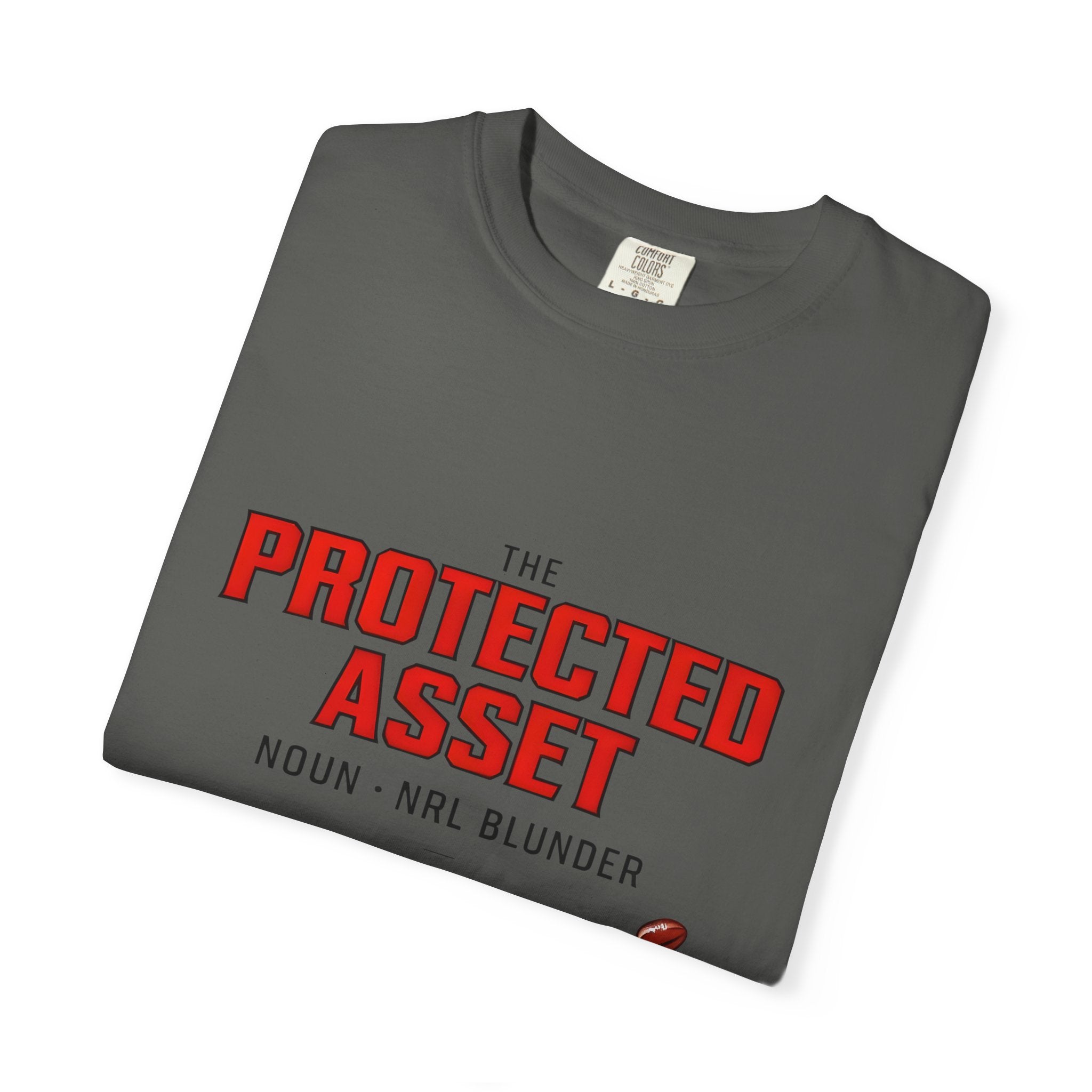 Dark grey crew-neck T-shirt with bold red “The Protected Asset” graphic print