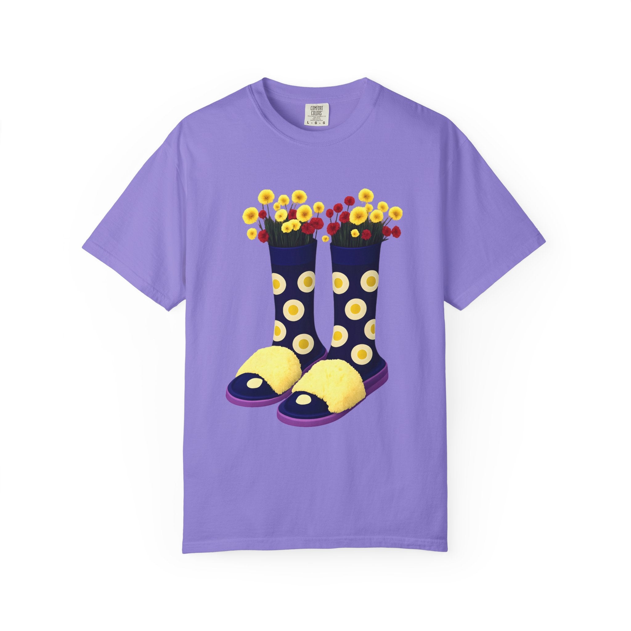Violet purple t-shirt with floral rain boot graphic in dark blue with yellow flowers.