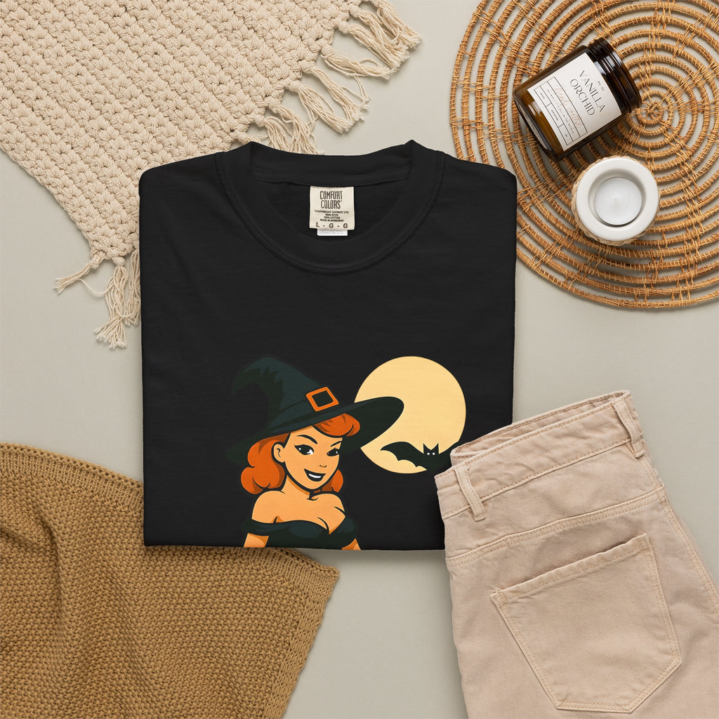 Witch Pinup Tee - "Broom Ride? Enquire Within" Halloween Graphic Shirt