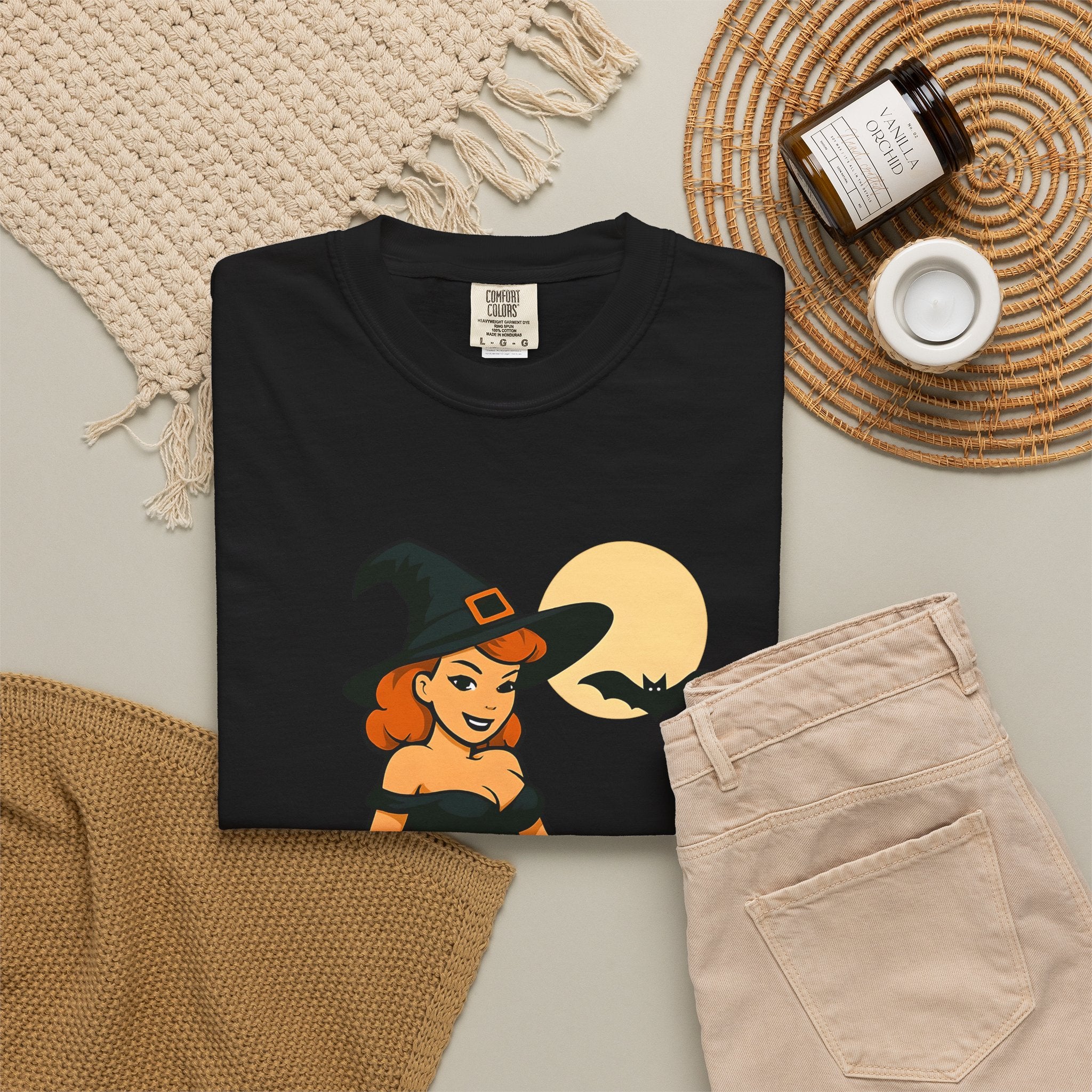Witch Pinup Tee - "Broom Ride? Enquire Within" Halloween Graphic Shirt