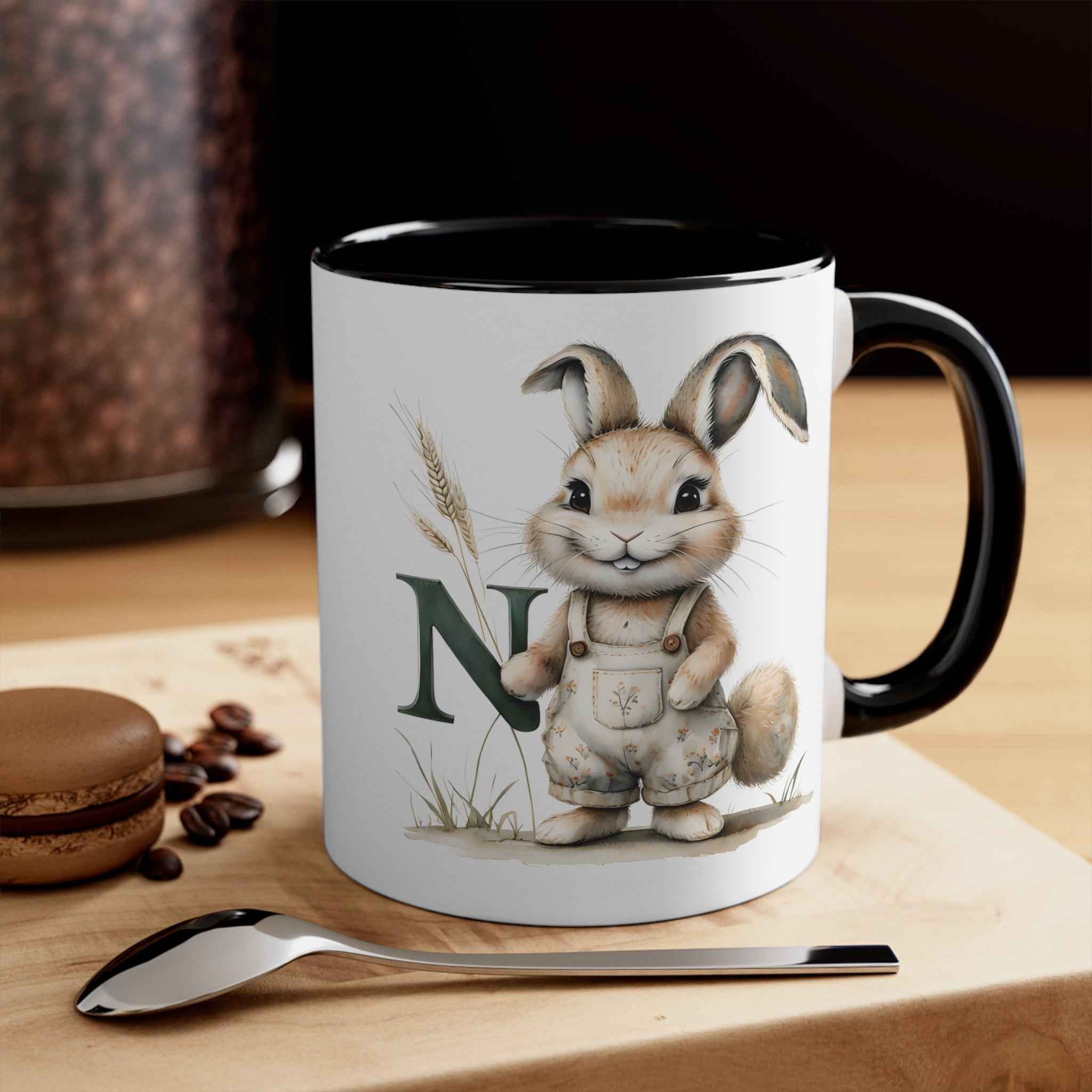 Whimsical Letter N Bunny Accent Mug | Cute Rabbit Coffee Cup for Easter, Spring Decor, Gift for Kids, Animal Lover, Unique Ceramic Mug