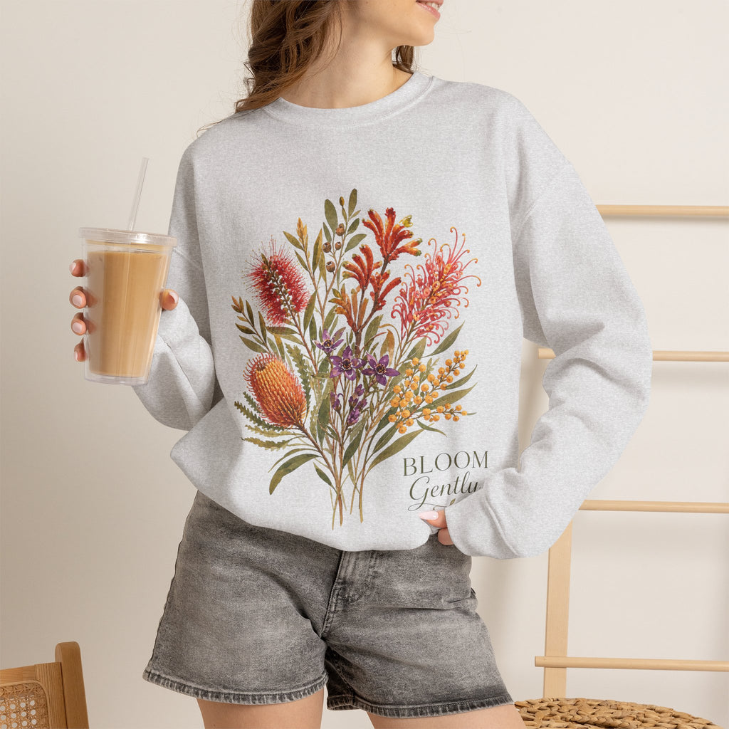 Floral bouquet sweatshirt, ash grey crewneck with colorful botanical bouquet graphic