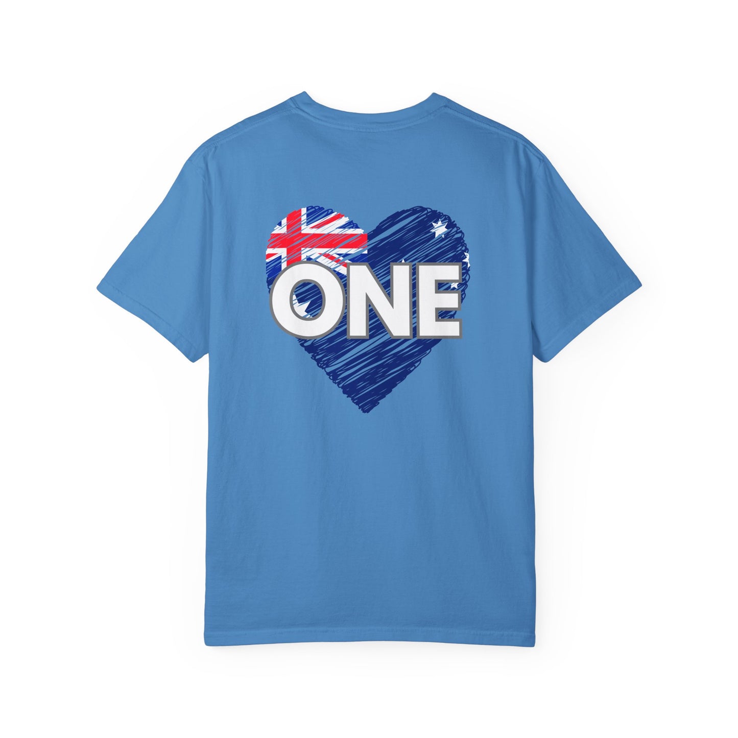Unisex ONE Together Heart T-Shirt — "We Are All In This Together" Front Text, Australian Flag One Back Design