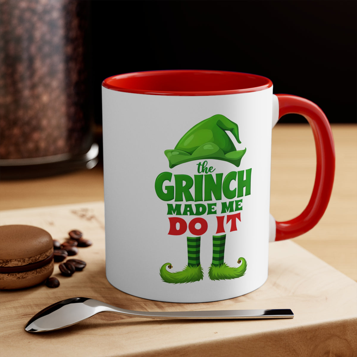 White 11oz Christmas mug, red interior and handle, Grinch 'Made Me Do It' design.