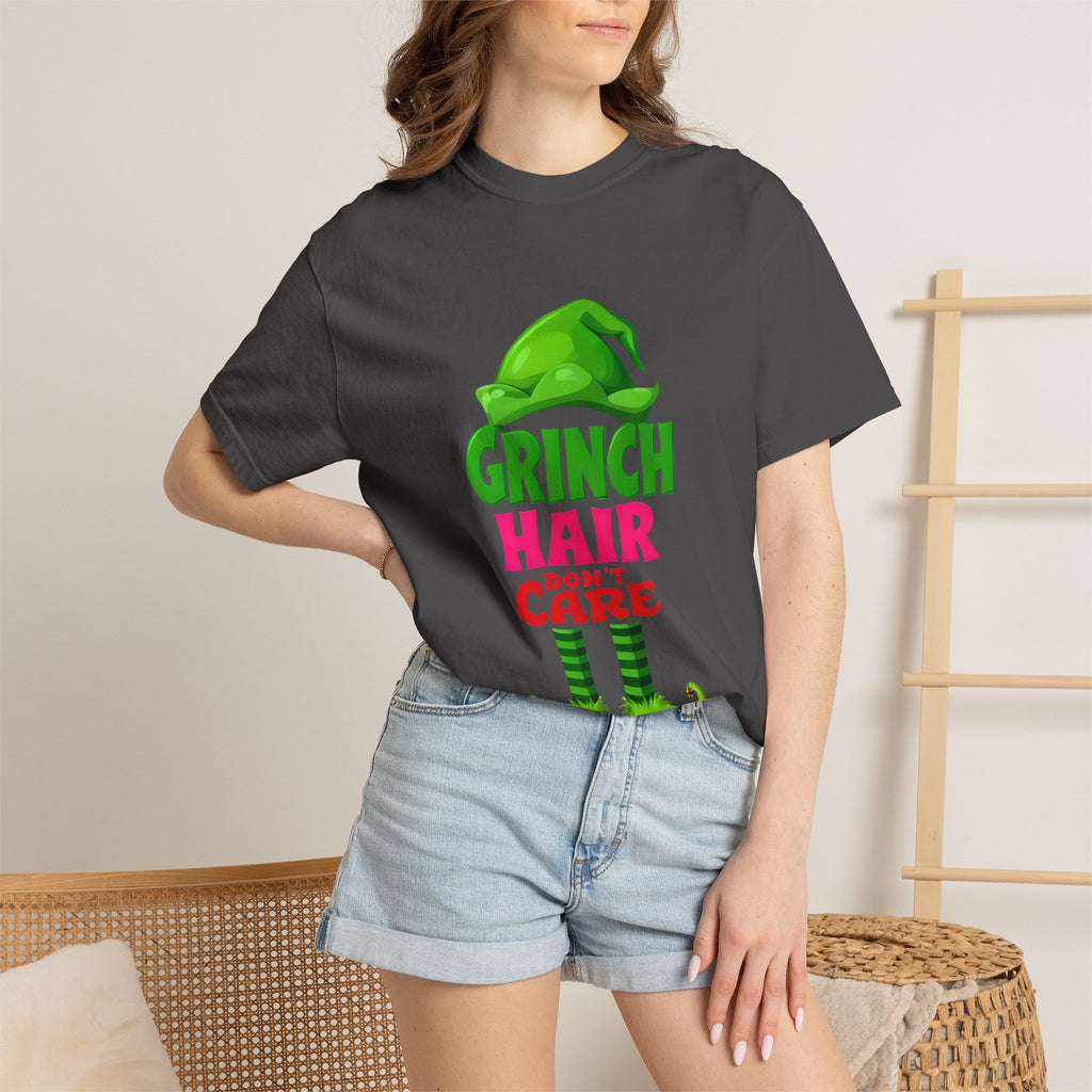 Black graphic T-shirt with colorful Grinch Hair Care front print