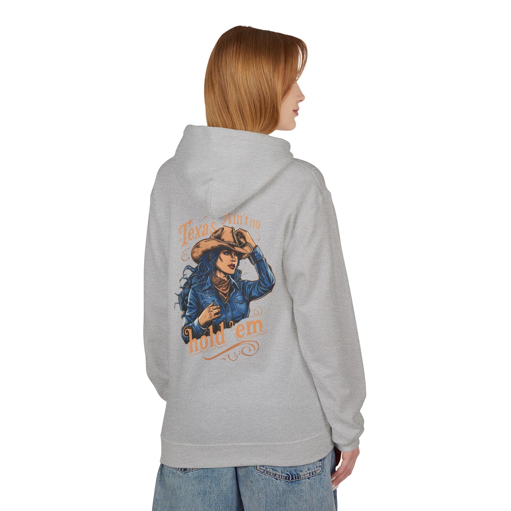 Light gray cowgirl graphic hoodie shown from back, hood and front pouch pocket
