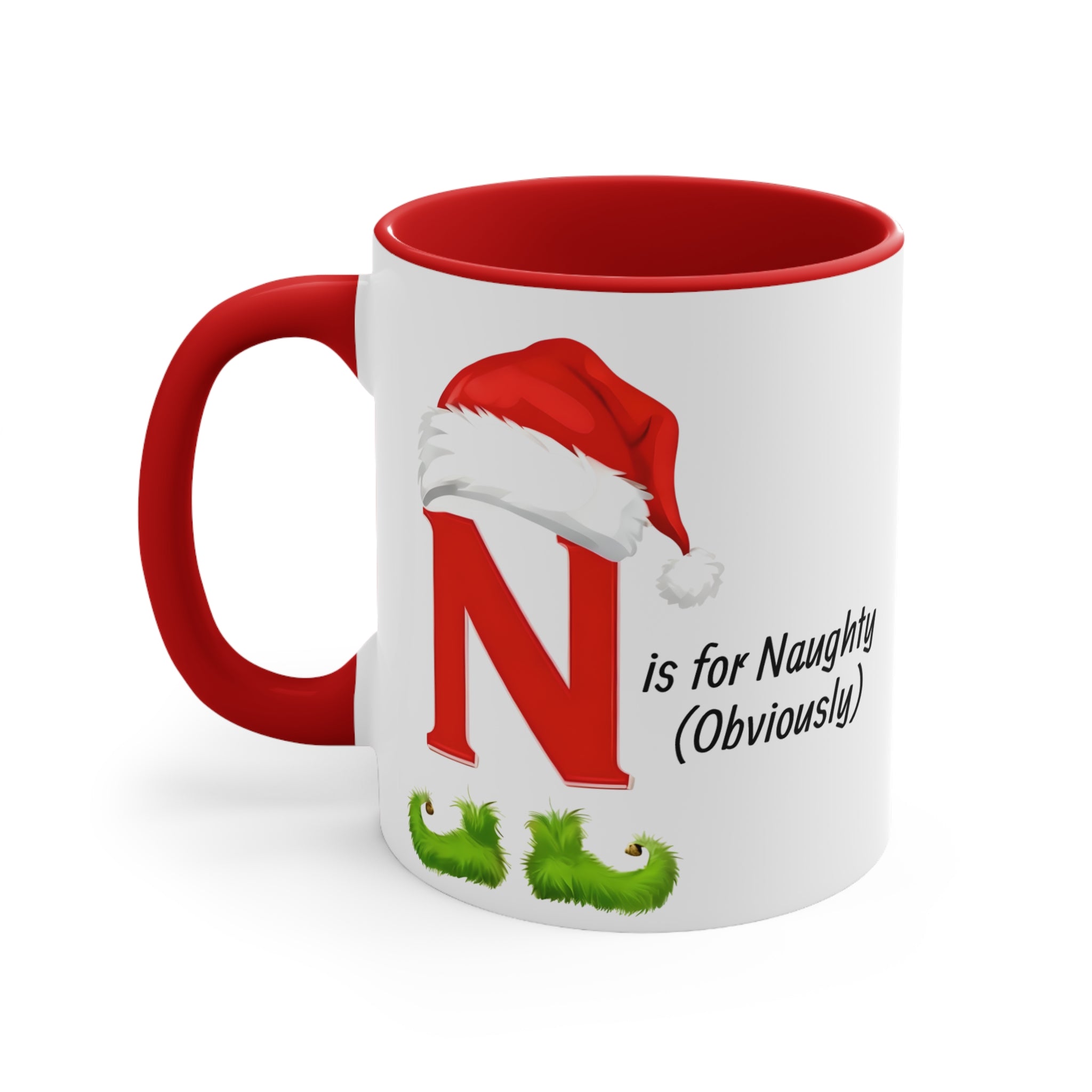 Red-handled ceramic mug with red letter N, Santa hat, green mustache, and “is for Naughty” text.