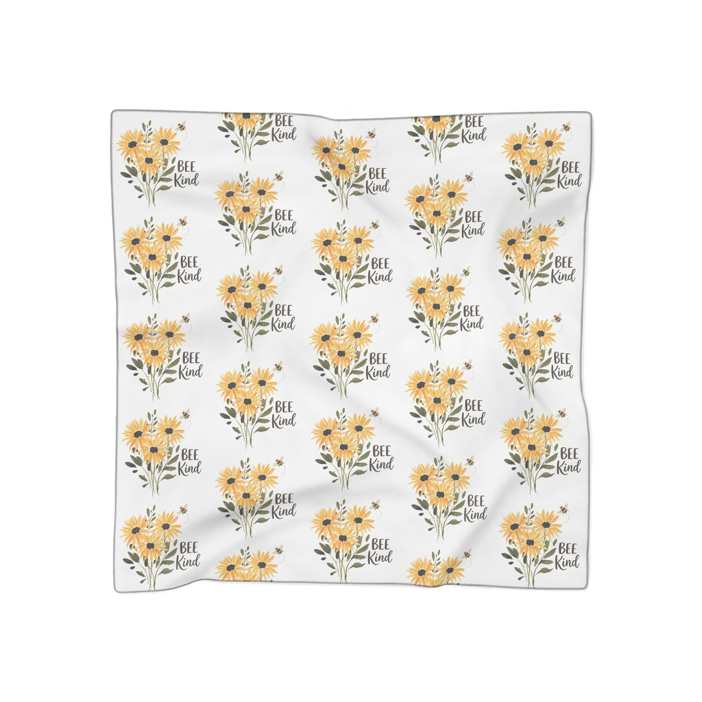 Yellow sunflower floral scarf with 'Bee Kind' text, poly chiffon, folded view