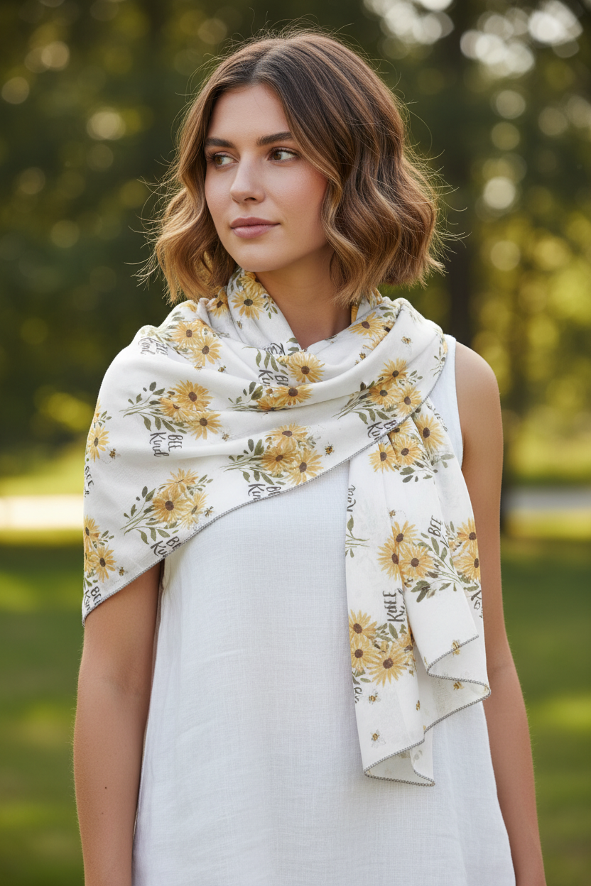 Floral scarf worn around neck: white with yellow sunflowers and 'Bee Kind' lettering