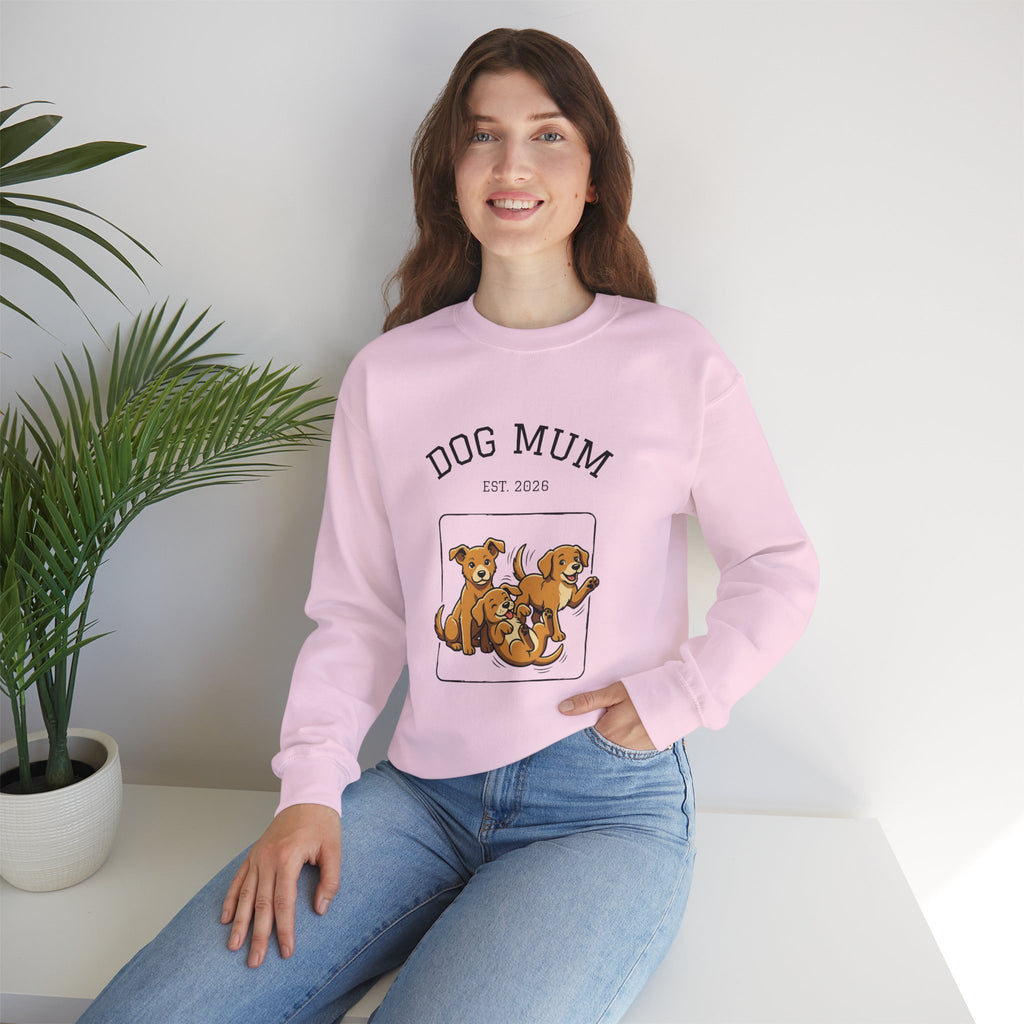Light pink crewneck sweatshirt on model, DOG MUM est. 2026 puppy graphic