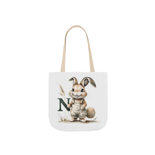Beige canvas tote bag with bunny holding letter N front print