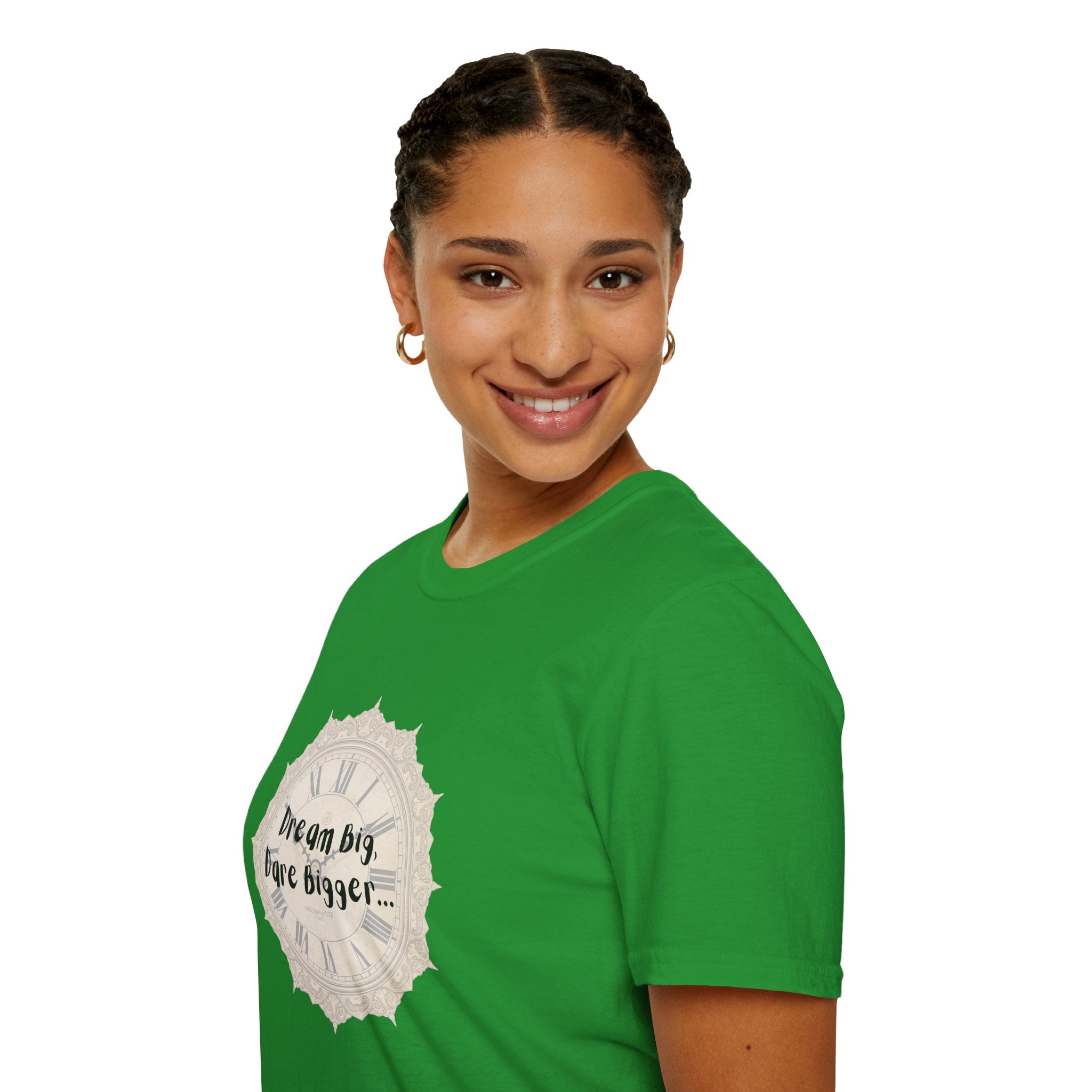 Green crew-neck T-shirt on model with left chest clock graphic