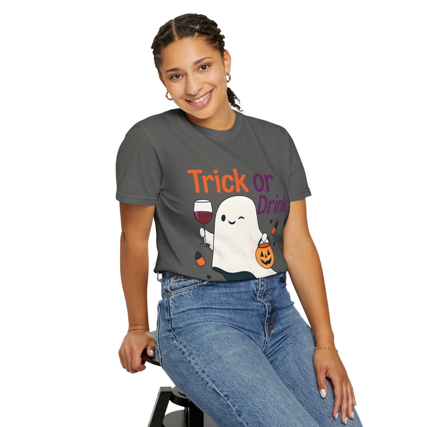 Halloween Ghost T-Shirt, Trick or Drink, Unisex Casual Tee, Fall Apparel, Spooky Party Shirt, Autumn Outfit