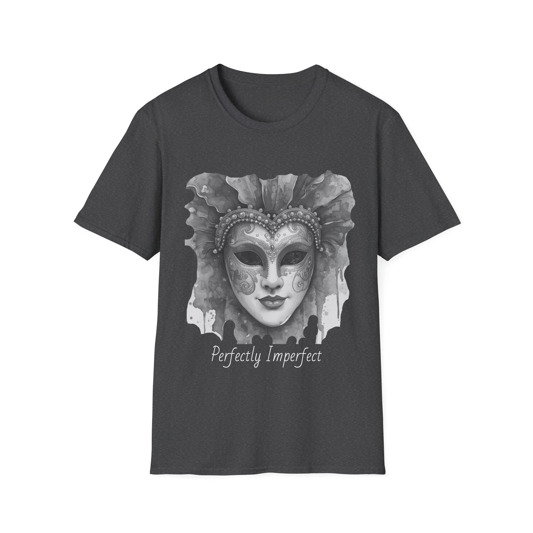 Masquerade face T-shirt in dark charcoal with grayscale mask graphic and “Perfectly Imperfect” text