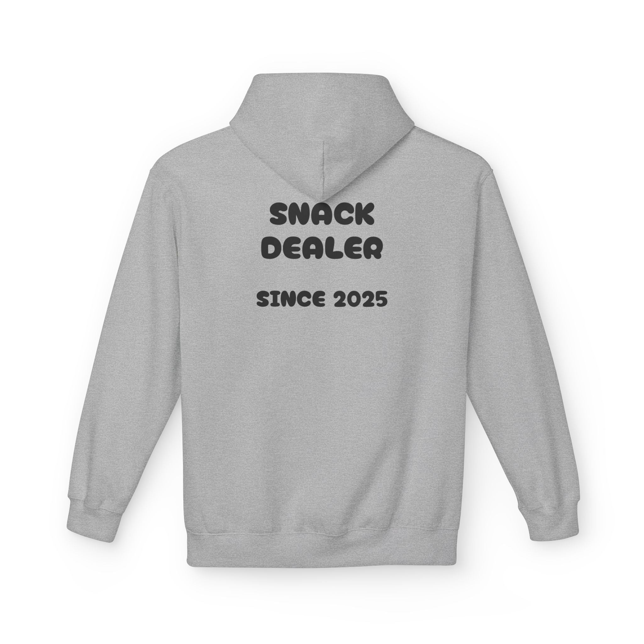 Light grey hoodie with back text graphic and drawstring hood, kangaroo pocket