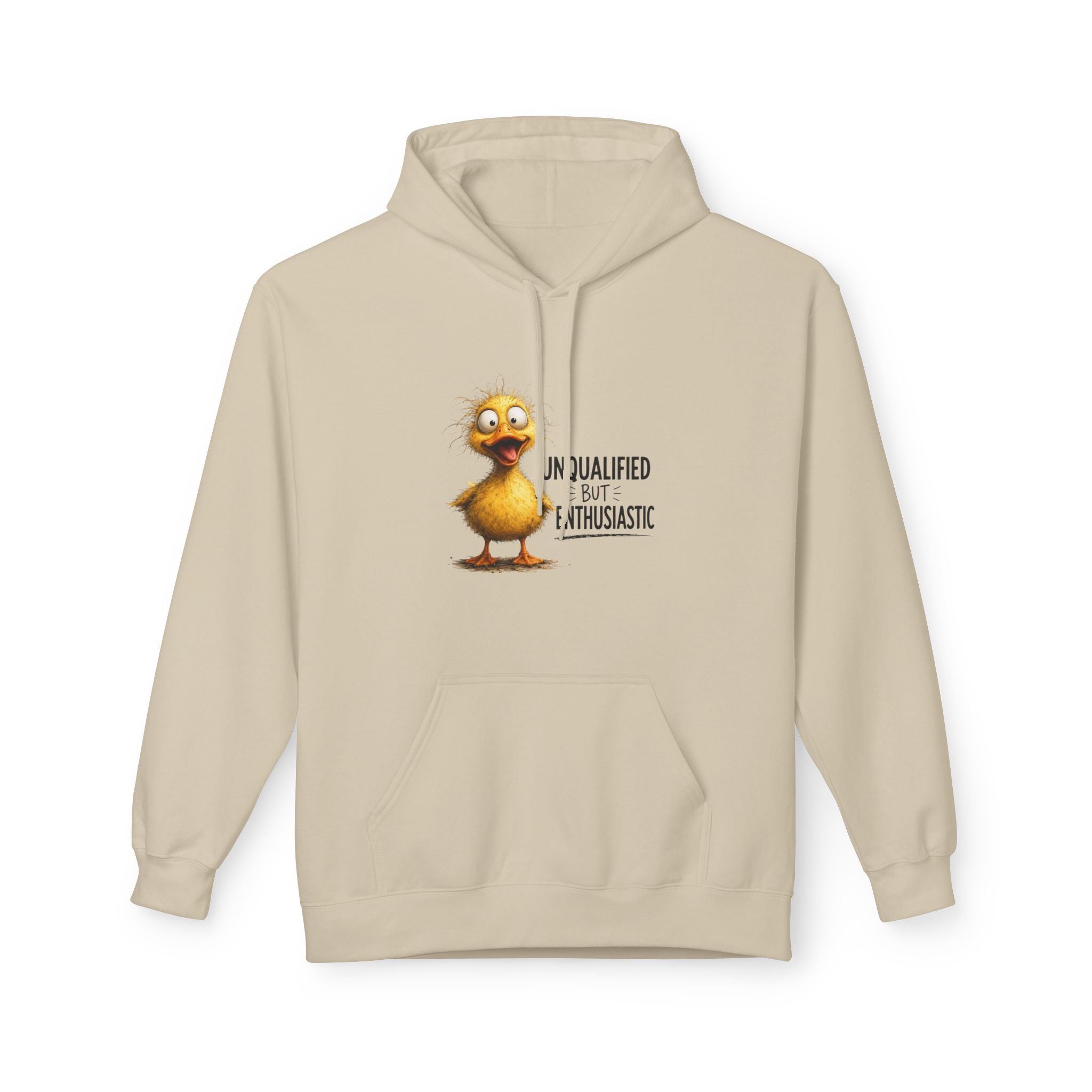 Sand beige duck graphic hoodie with kangaroo pocket and drawstring hood