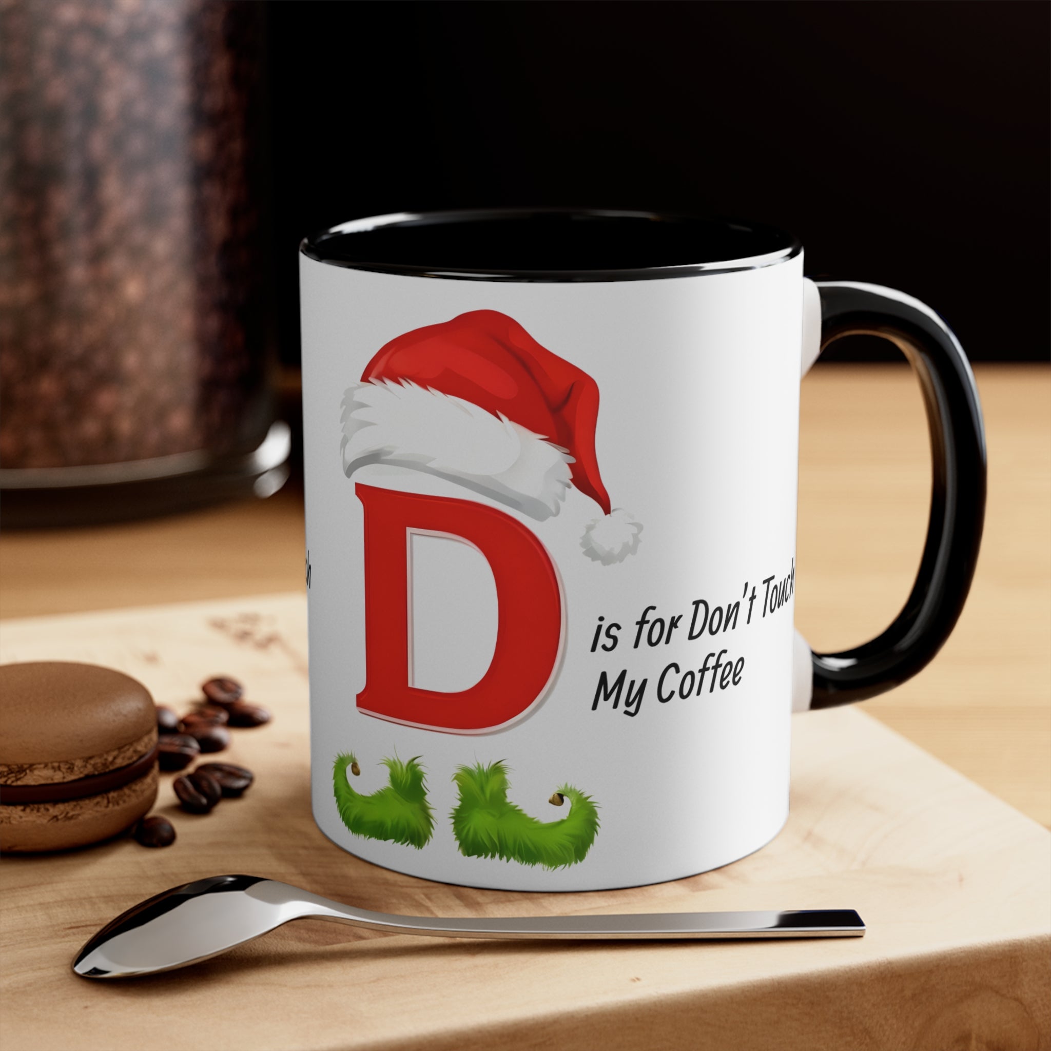 Holiday letter D mug with black interior and handle, Santa hat graphic and “My Coffee” text