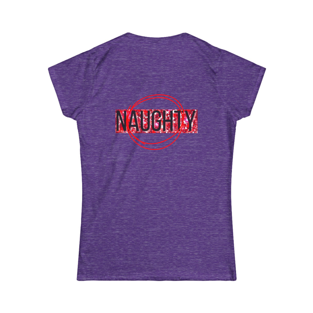 Women's graphic tee, heather purple with 'Naughty' back print