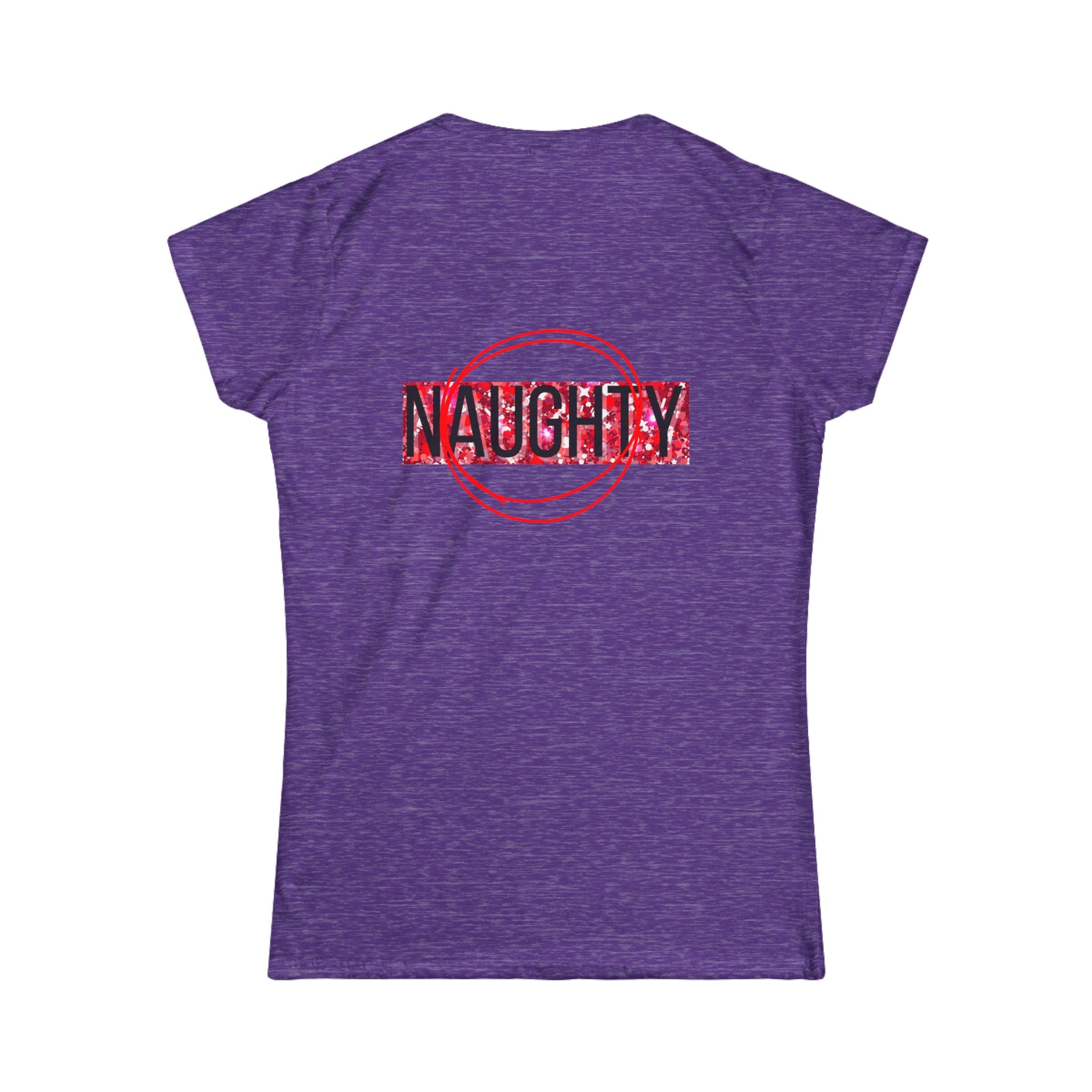 Women's graphic tee, heather purple with 'Naughty' back print