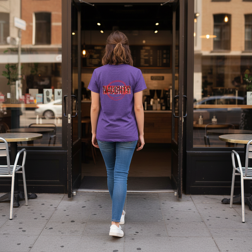 Women's graphic tee, heather purple with 'Naughty' back stamp logo