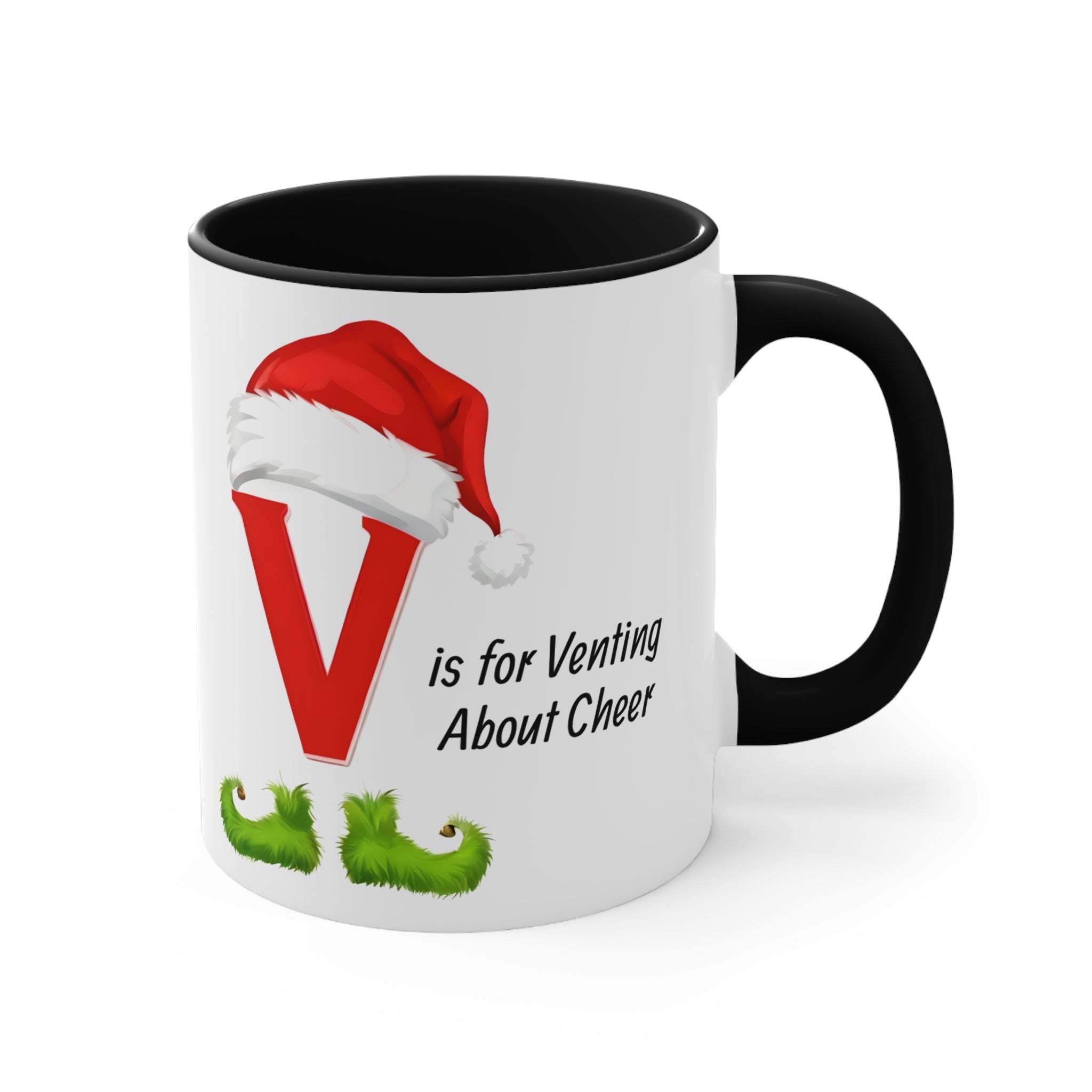 White mug with red letter V and Santa hat graphic; black handle, 3/4 angle