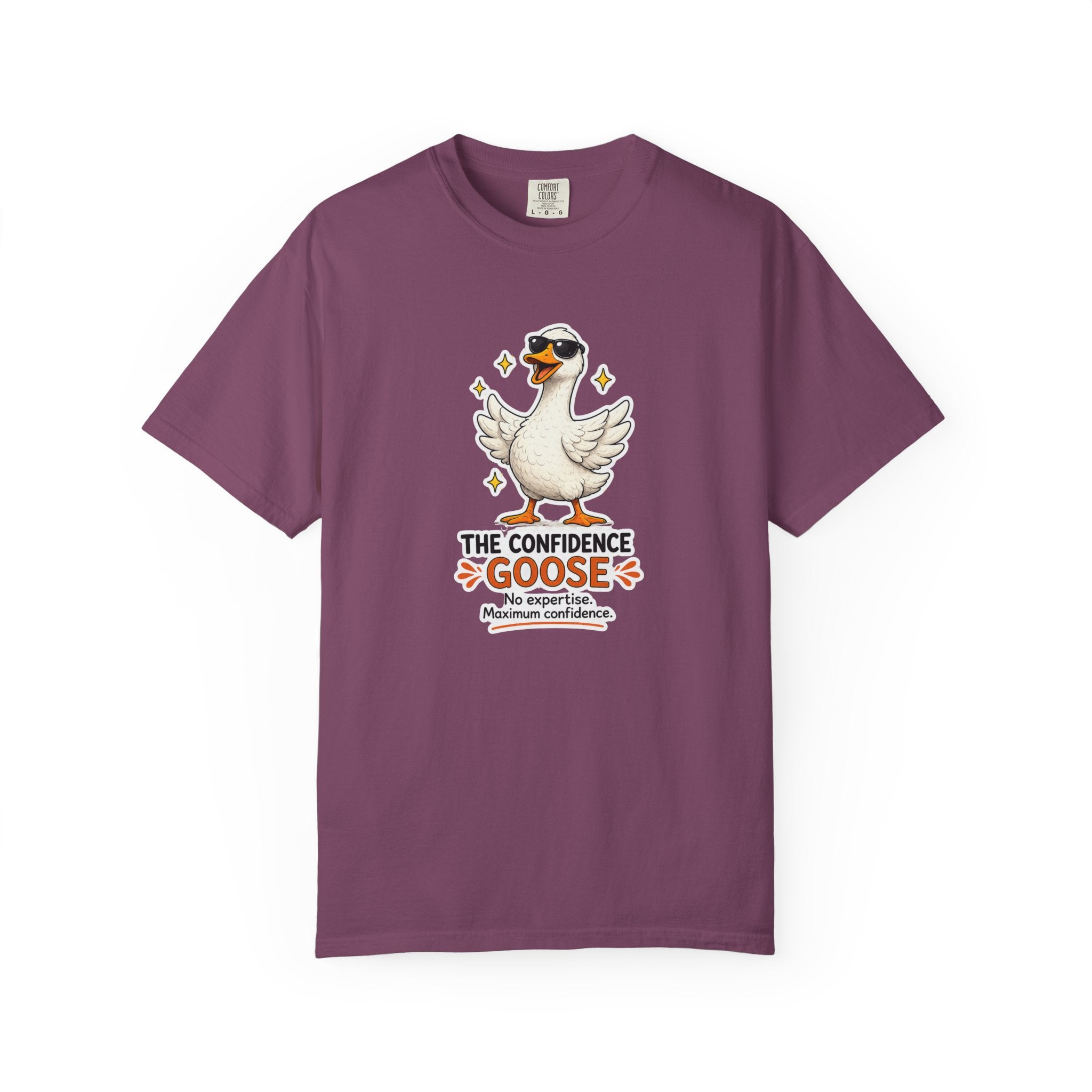Plum purple Confidence Goose graphic T-shirt with white goose and star badge print