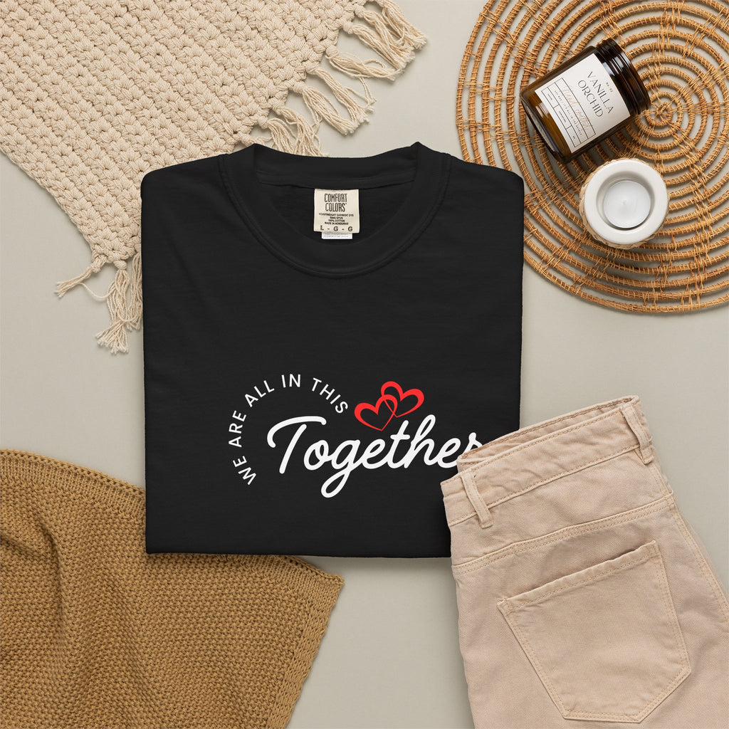 Unisex ONE Together Heart T-Shirt — "We Are All In This Together" Front Text, Australian Flag One Back Design