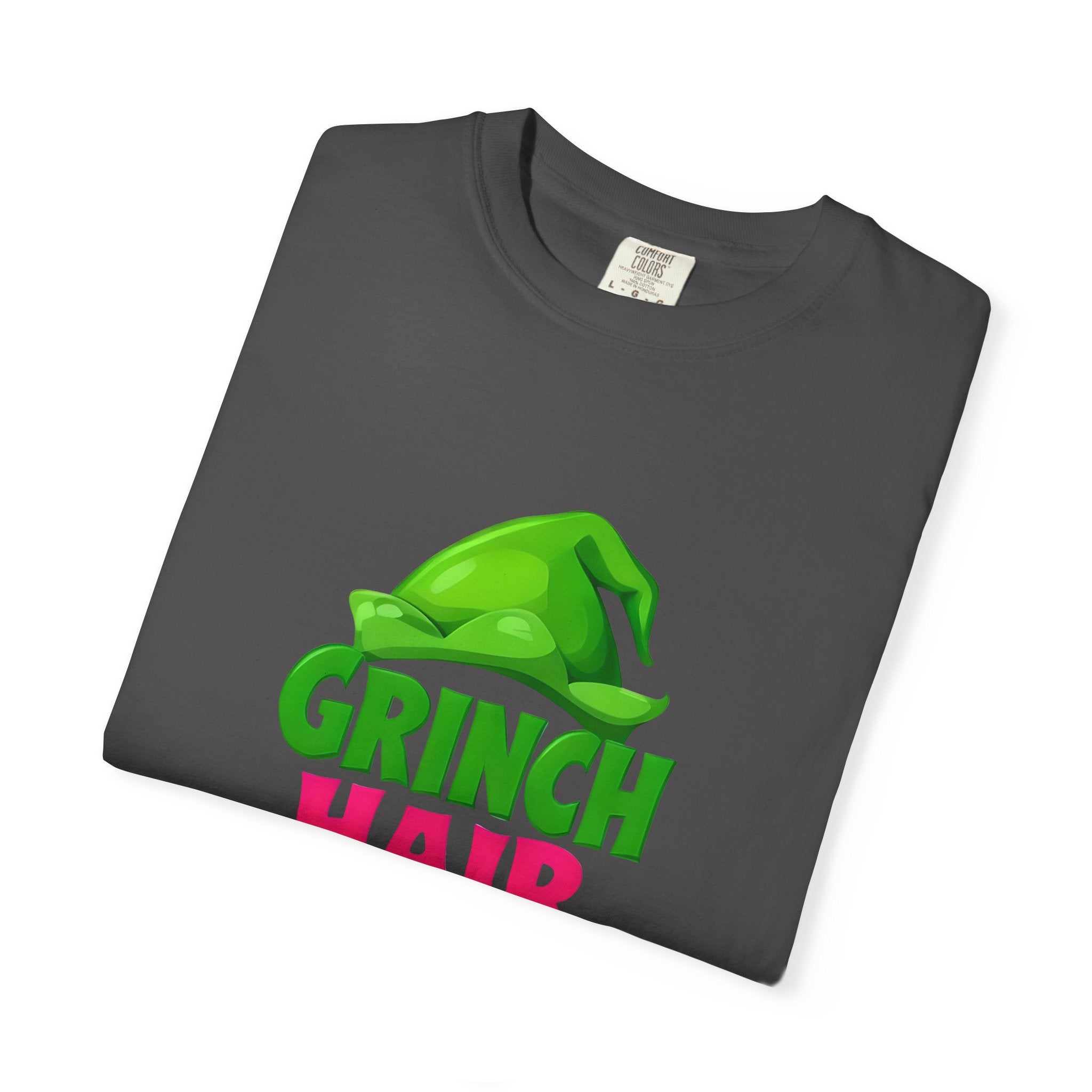Charcoal T-shirt with Grinch Hair Don't Care text graphic, crew neck