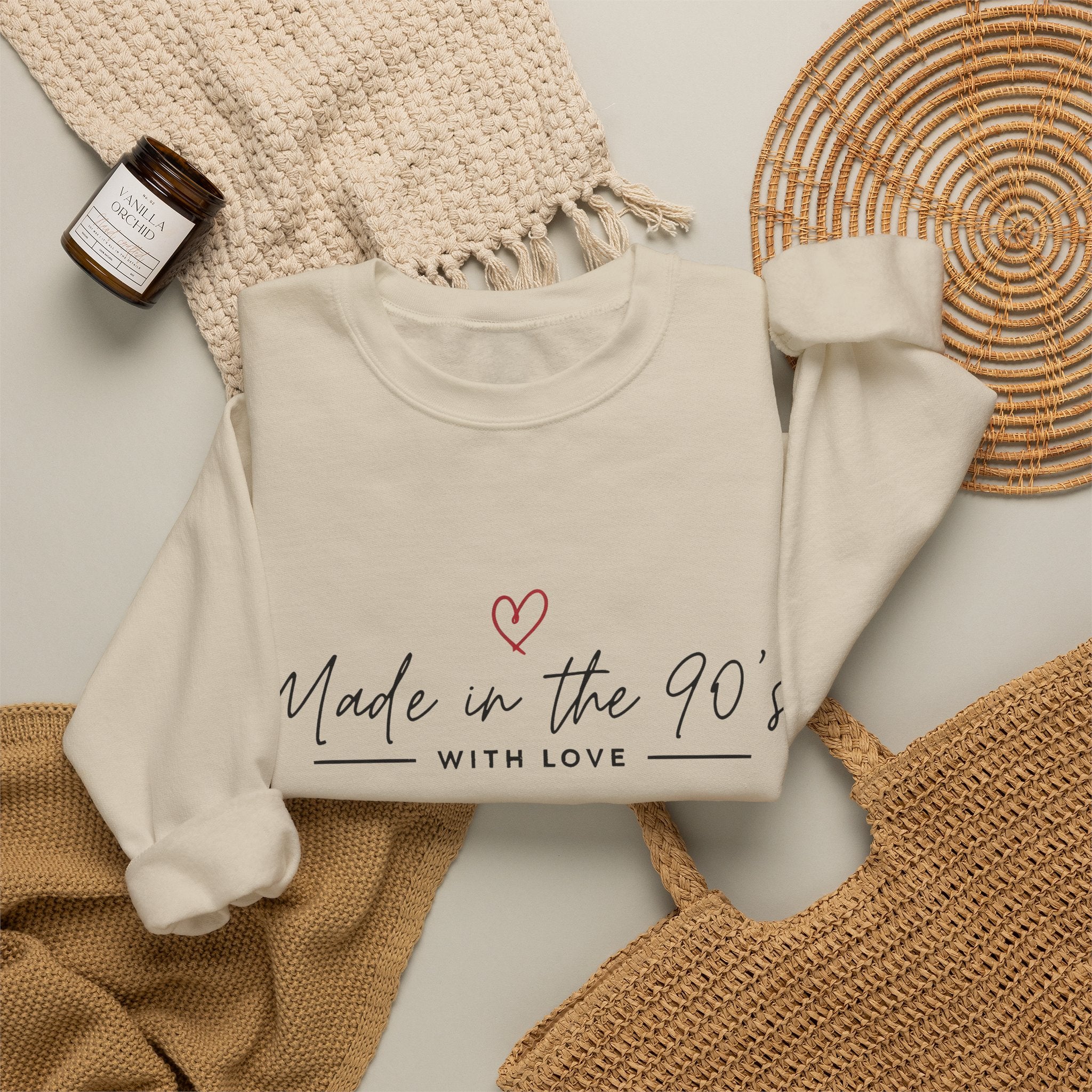 Crewneck Sweatshirt — "Made in the 90's" Retro Heart Graphic, Vintage Mom/90s Birthday Gift