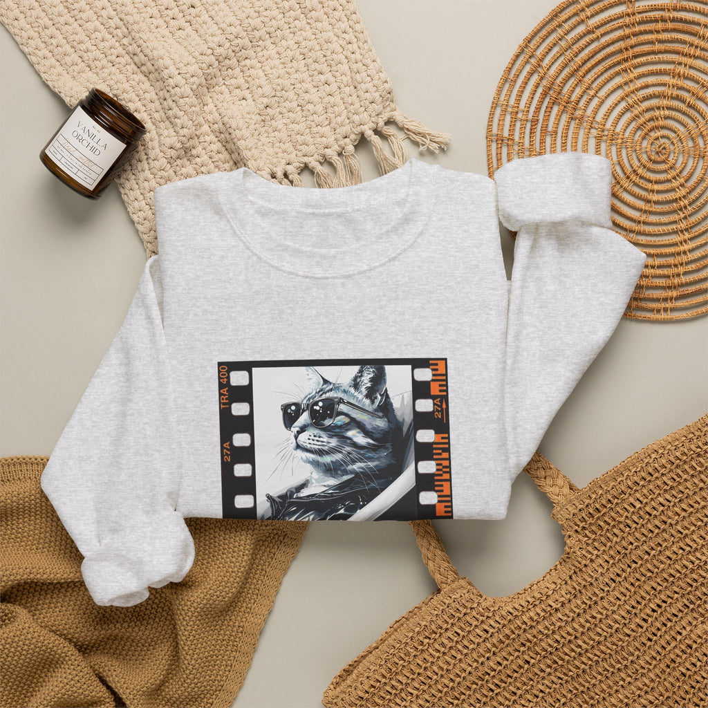 White crewneck sweatshirt with cat film-strip graphic on front