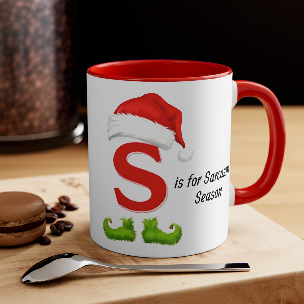 Ceramic coffee mug, white with red handle; red 'S' and 'Sarcasm Season' text
