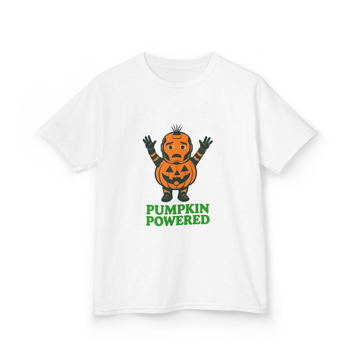 Kids Halloween T-shirt, white, front view with jack-o'-lantern character and “PUMPKIN POWERED”