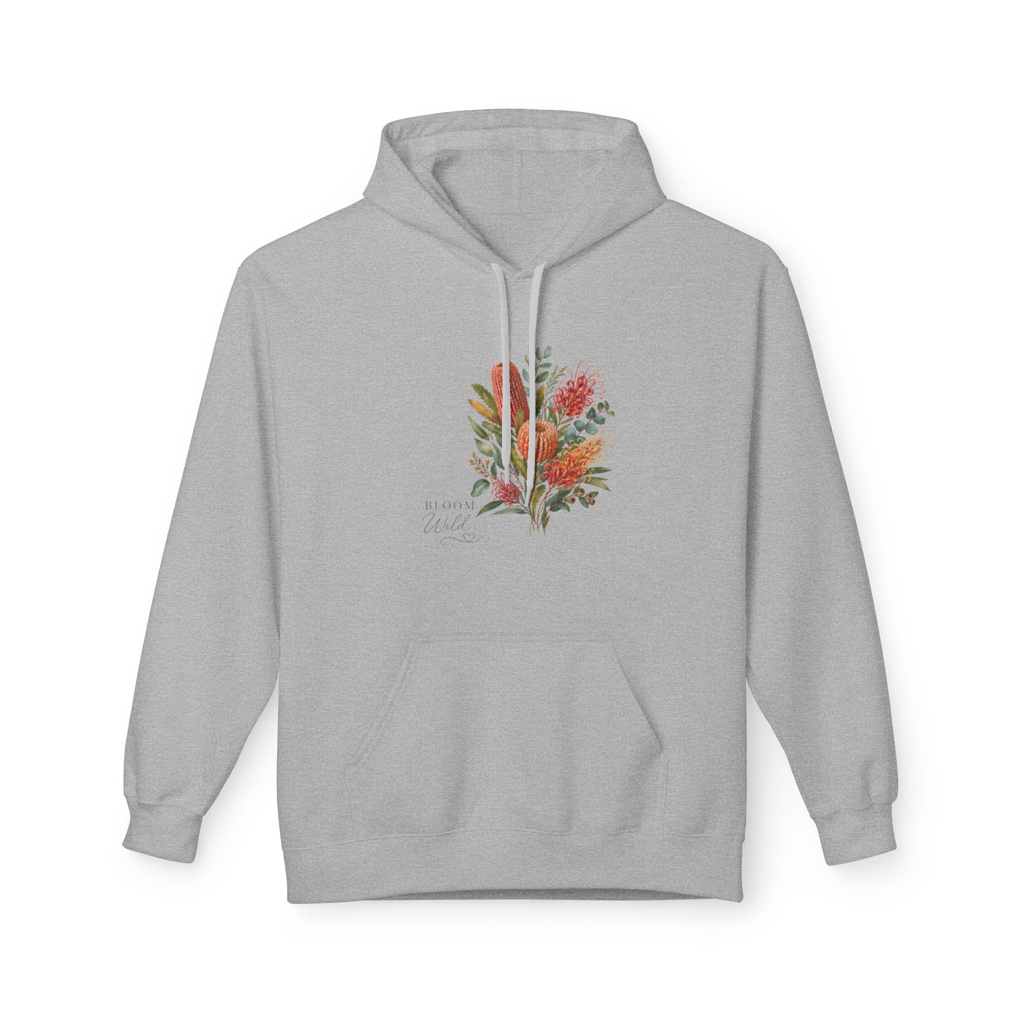 Sport Grey floral bouquet hoodie with watercolor wildflower graphic on the chest