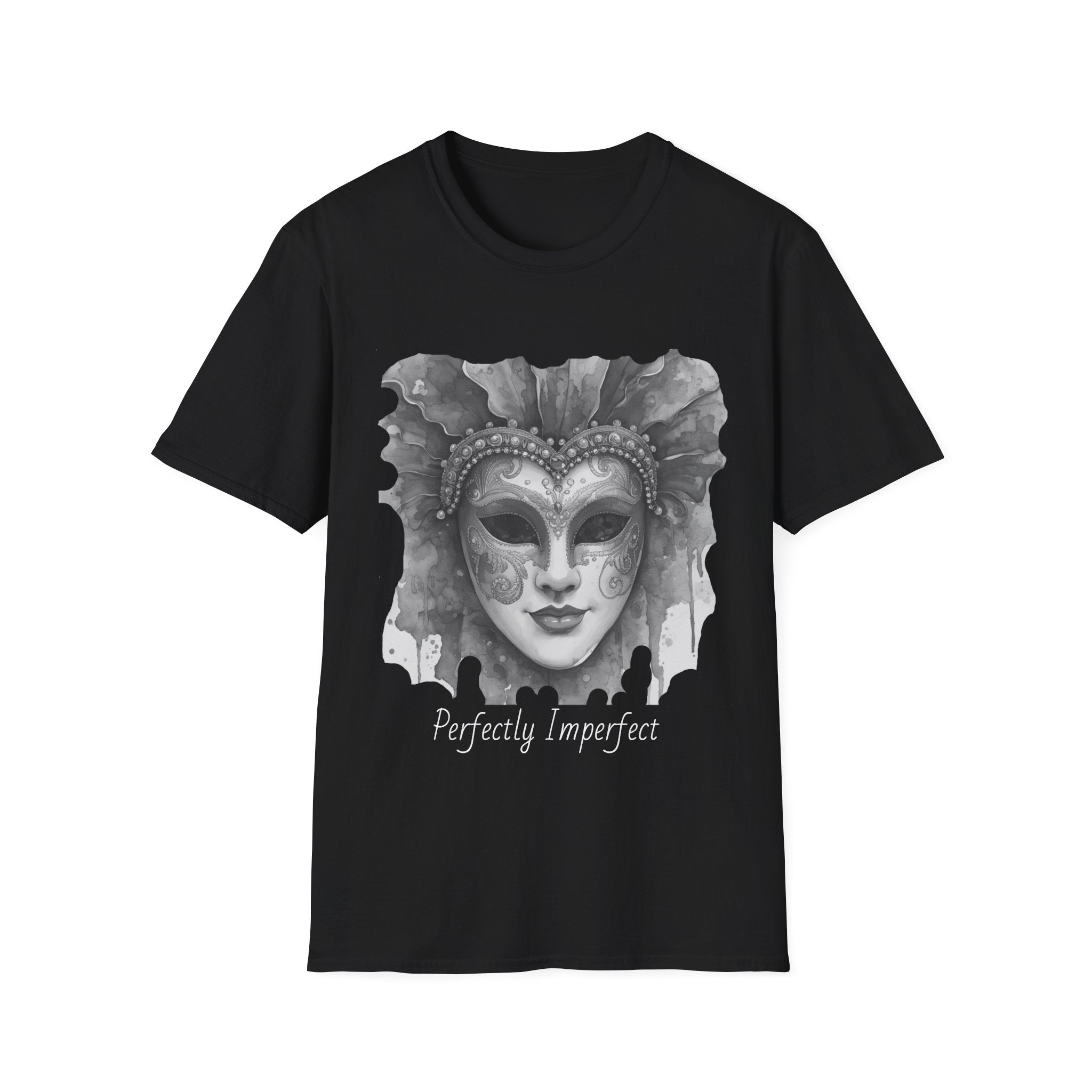 Masquerade face T-shirt in black with grayscale mask graphic and “Perfectly Imperfect” text