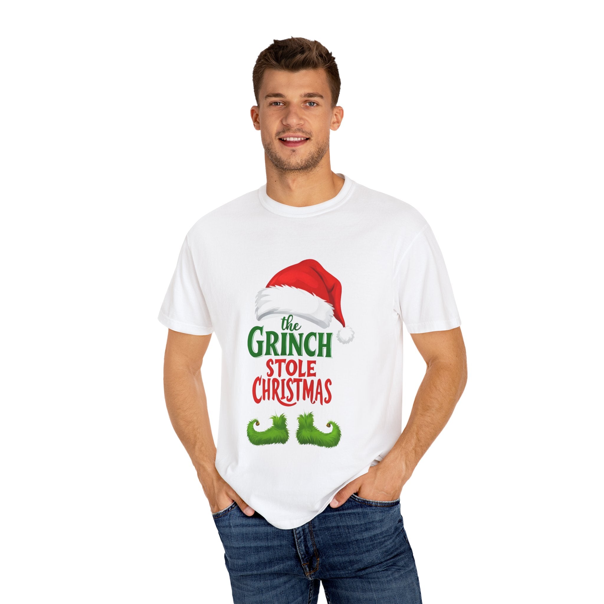 White crewneck T-shirt with red Santa-hat Grinch graphic and “stole Christmas” text