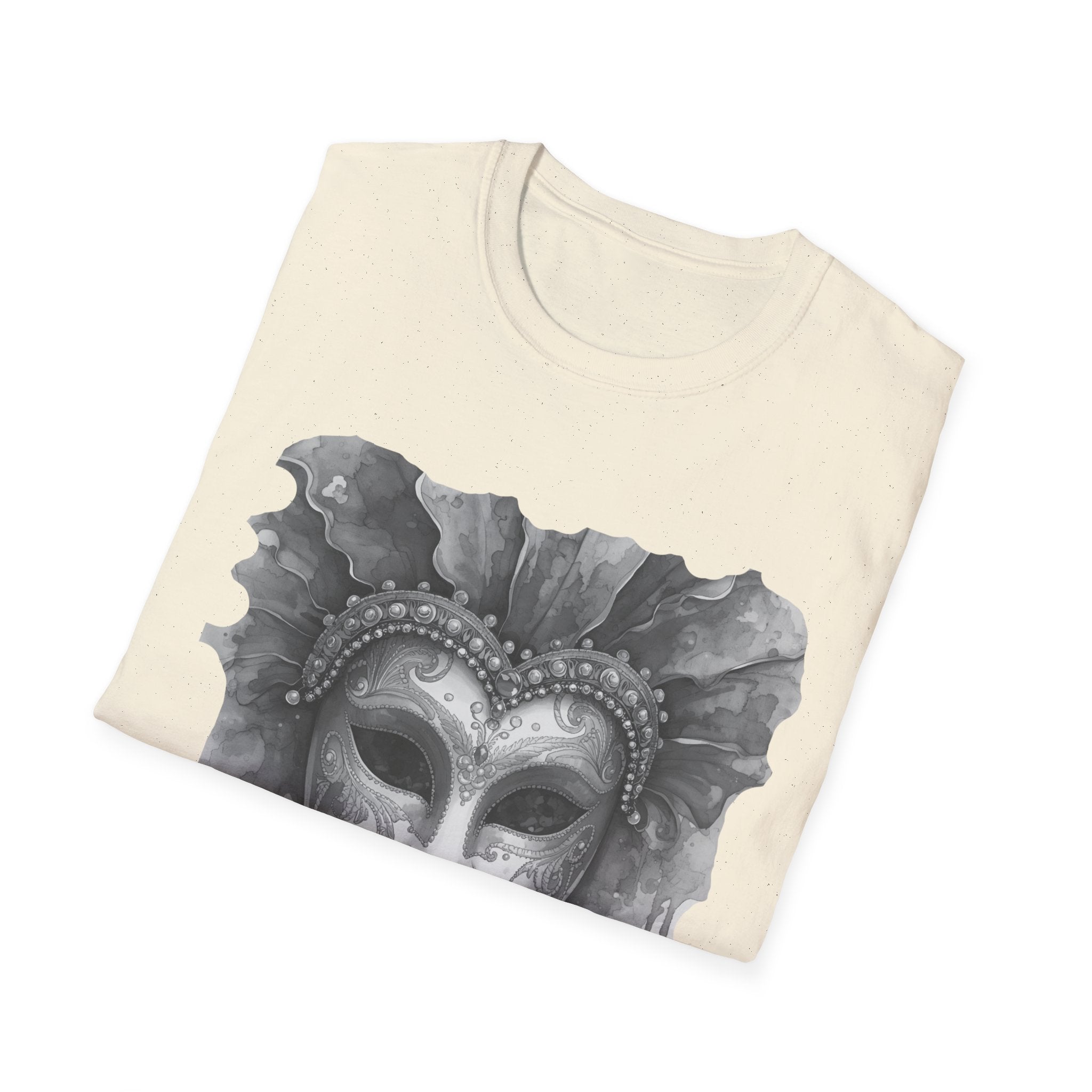 Off-white crew-neck t-shirt with watercolor face mask graphic